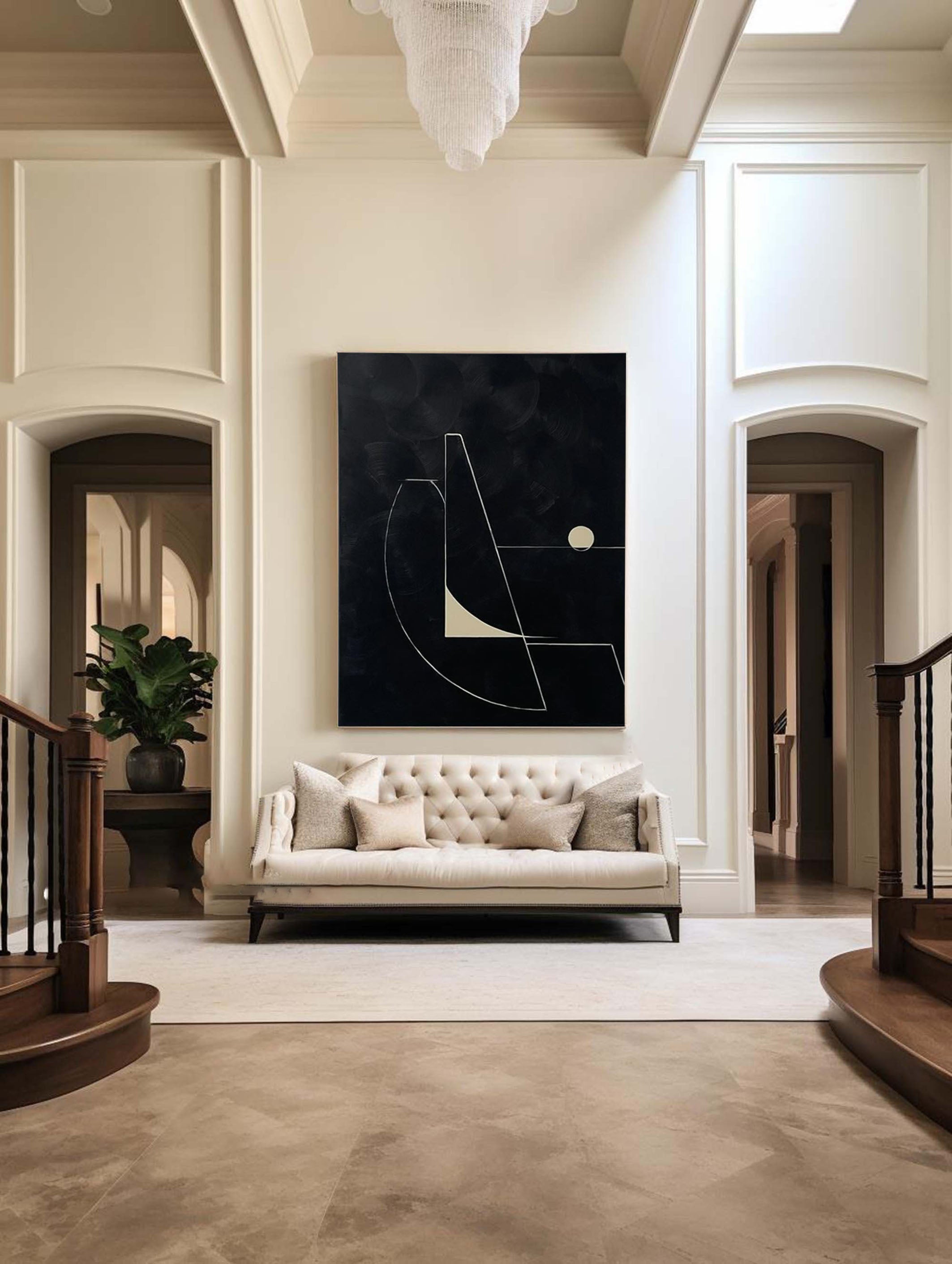 لوحة فنية قماشية هندسية بسيطة باللونين الأبيض والأسود للمنزل #MM056