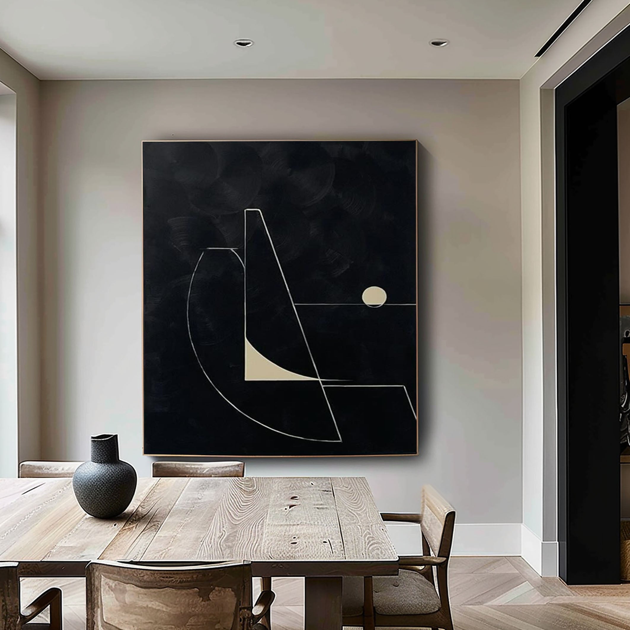 لوحة فنية قماشية هندسية بسيطة باللونين الأبيض والأسود للمنزل #MM056