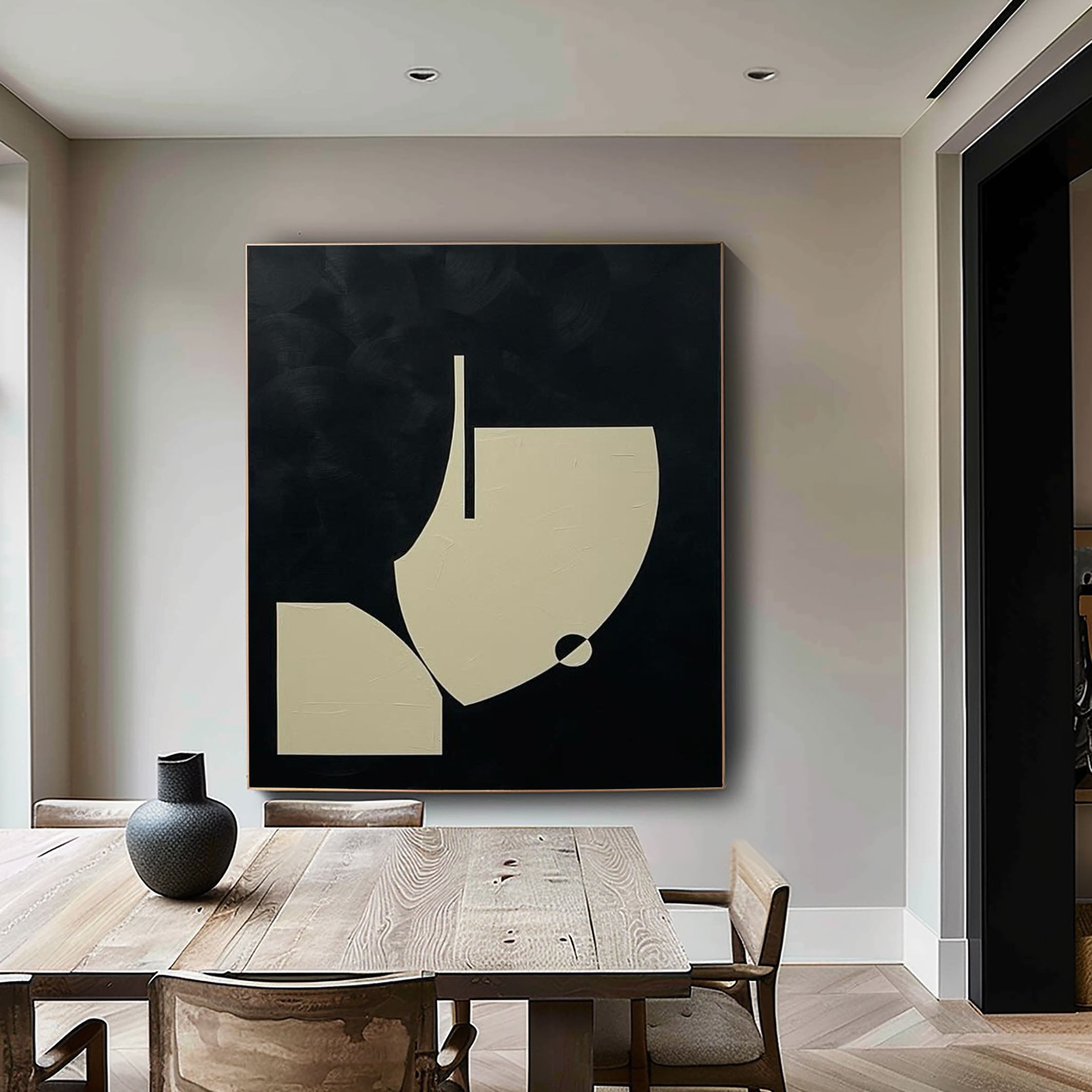لوحة هندسية تجريدية بسيطة بتصميم أنيق باللونين الأسود والبيج #MM057