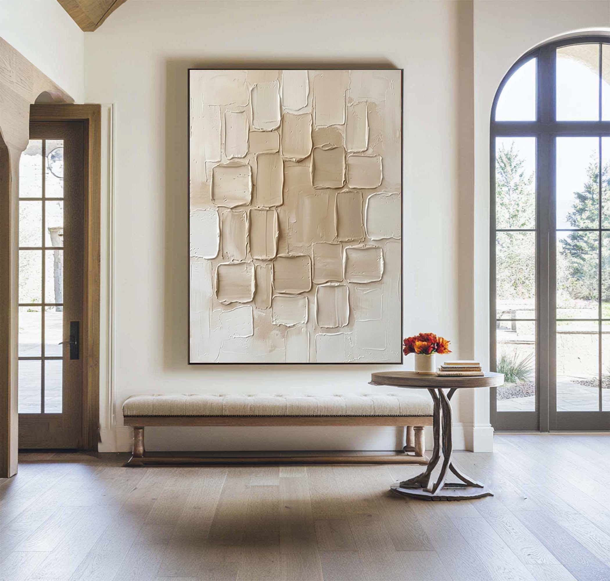 Large Ivory Collage Textured Canvas Art Luxury Neutral Wall Decor