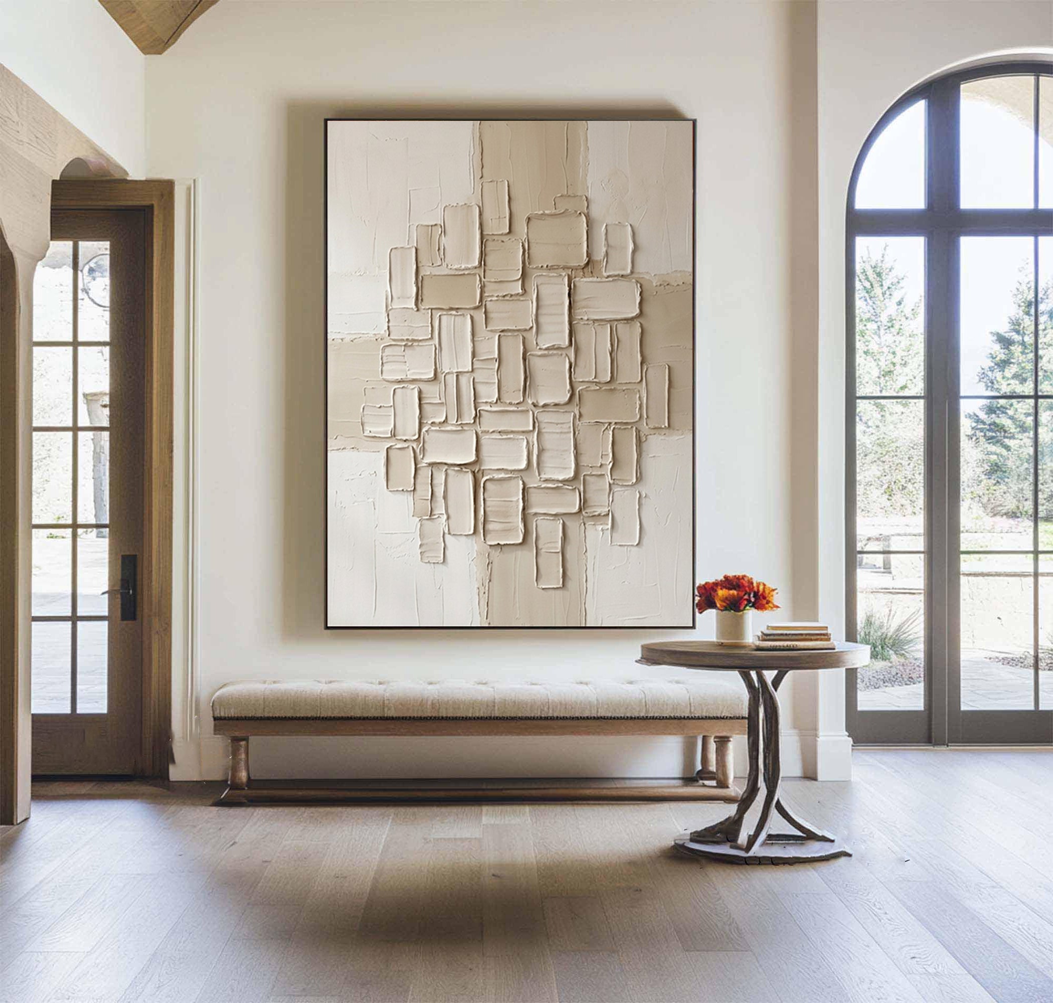 Large Neutral Oil Painting with Abstract Textured Block Composition