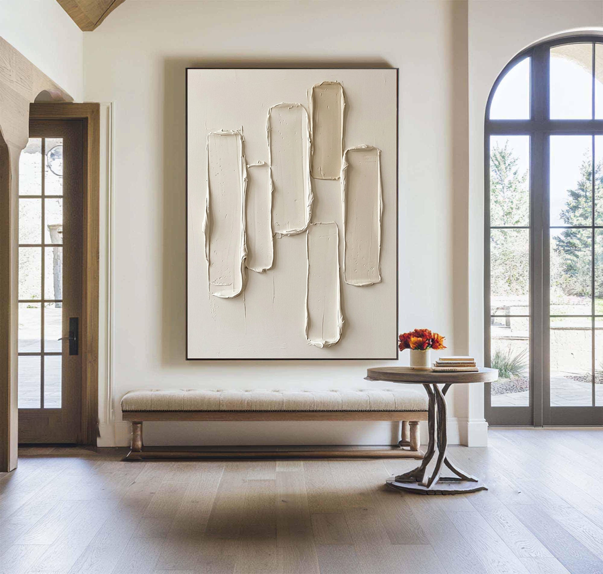 Large Hand-Painted Neutral Relief Wall Art for Luxury Home Decor