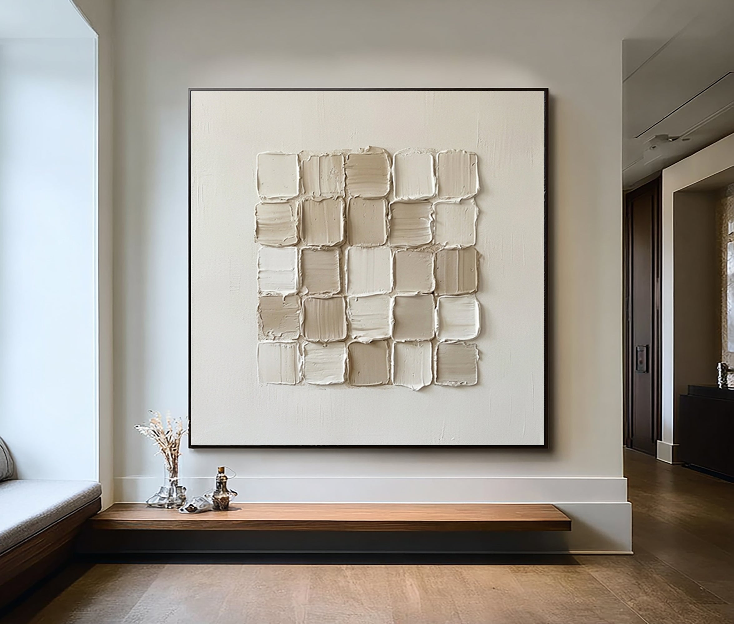 Large Modern Textured Squares Wall Art Neutral Hand Painted Canvas Painting