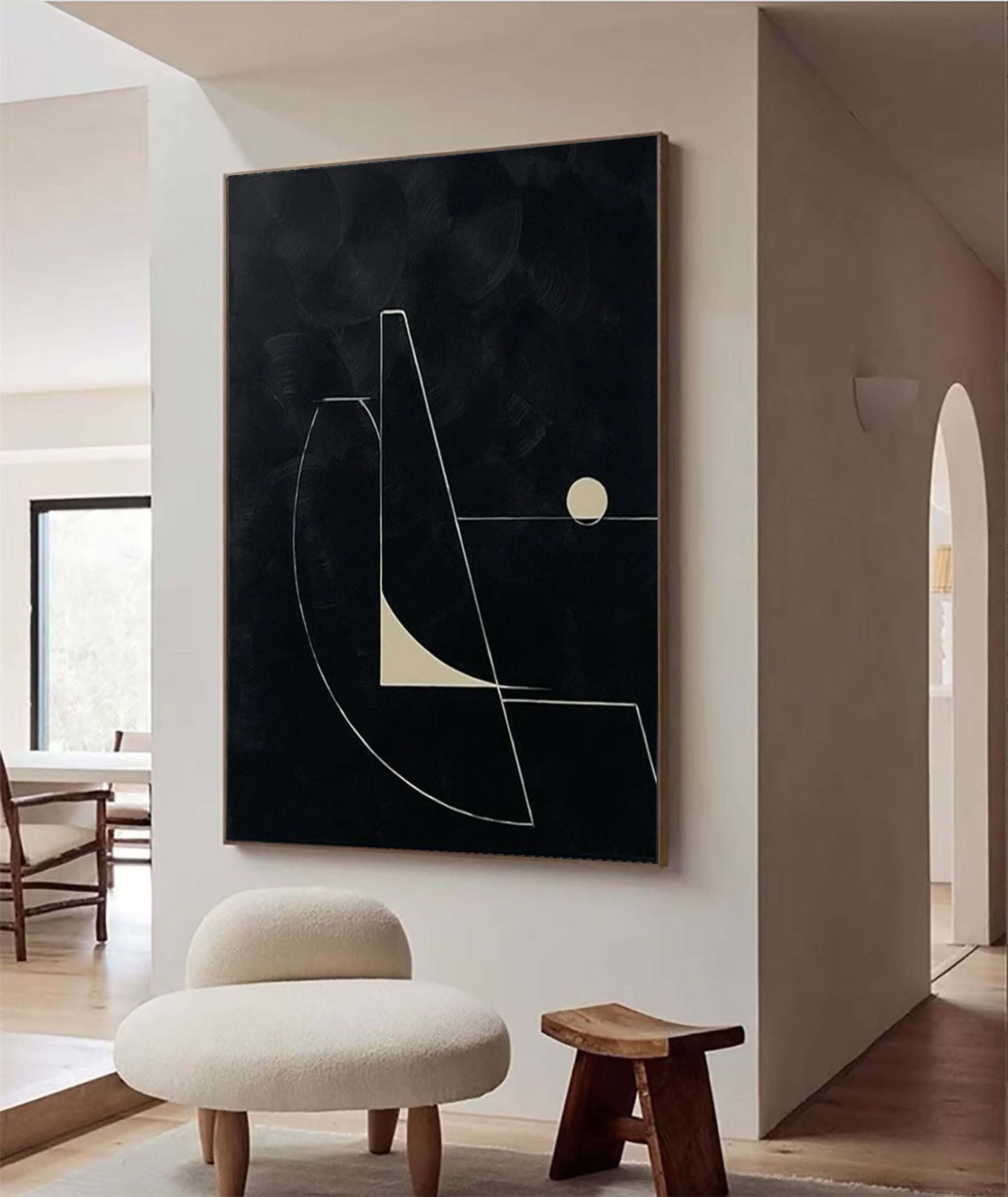 لوحة فنية قماشية هندسية بسيطة باللونين الأبيض والأسود للمنزل #MM056