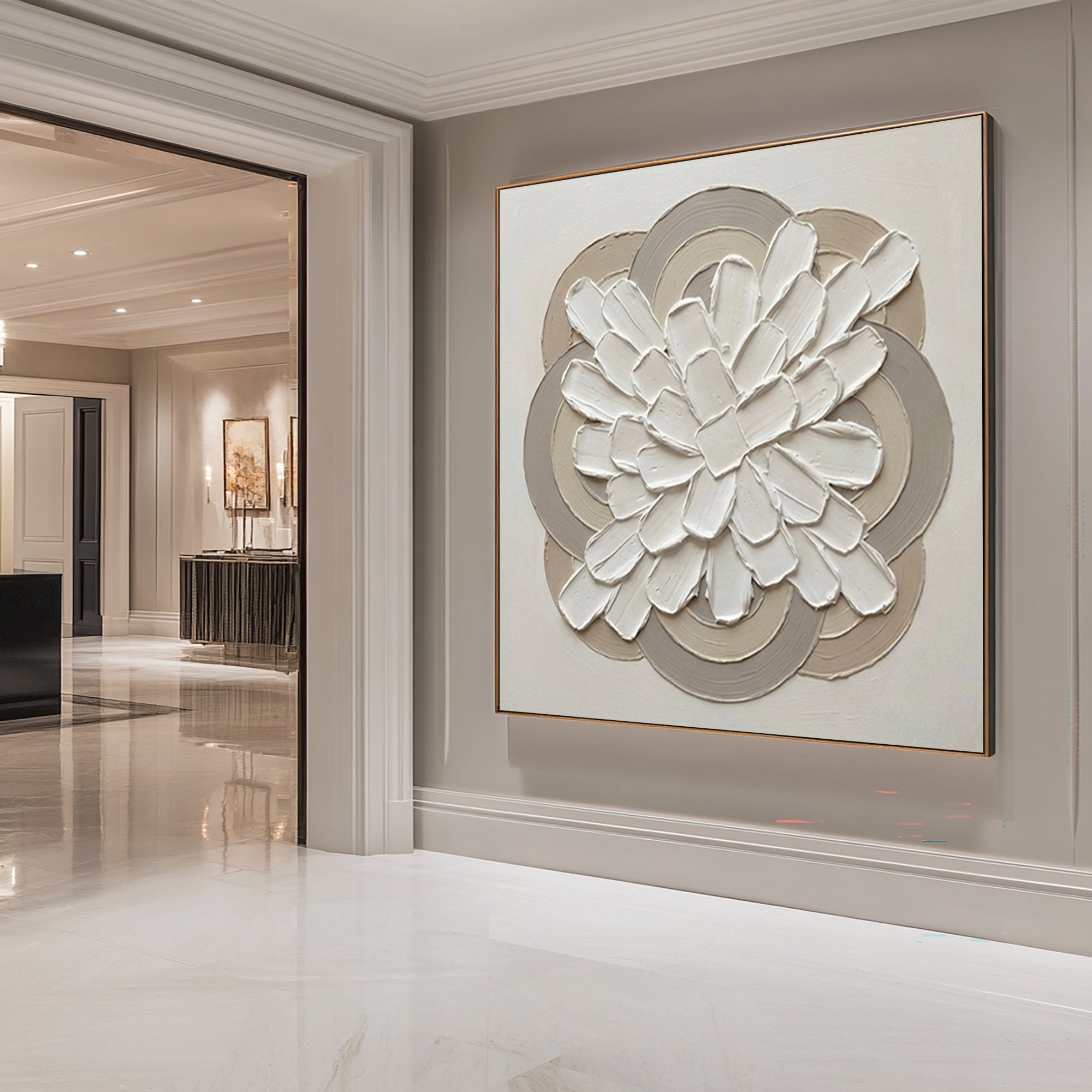 Large Gallery Bloom Circle Wall Art Luxury Neutral Floral Relief Painting