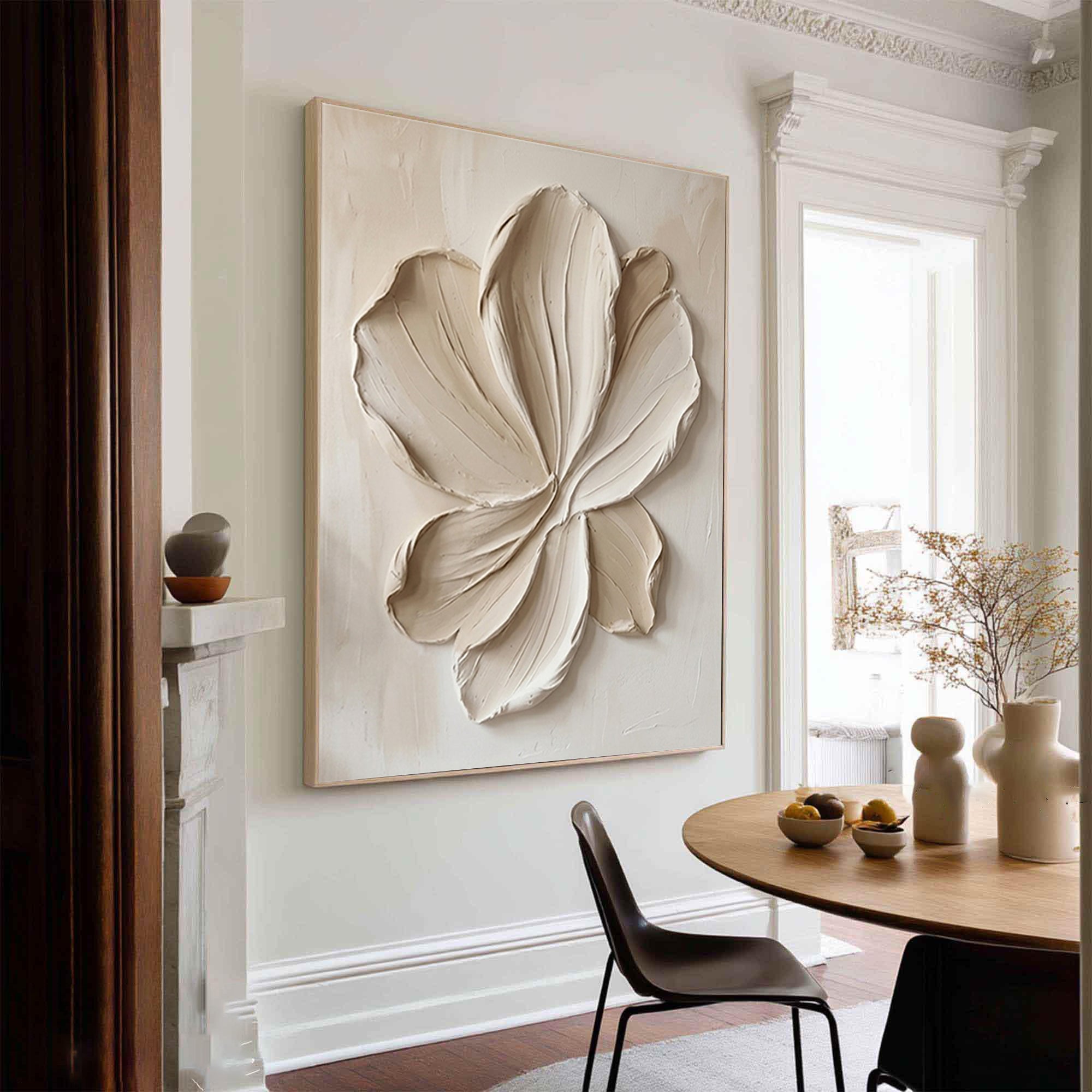 Large Sculptural Botanical Canvas Art White Textured Wall Decor