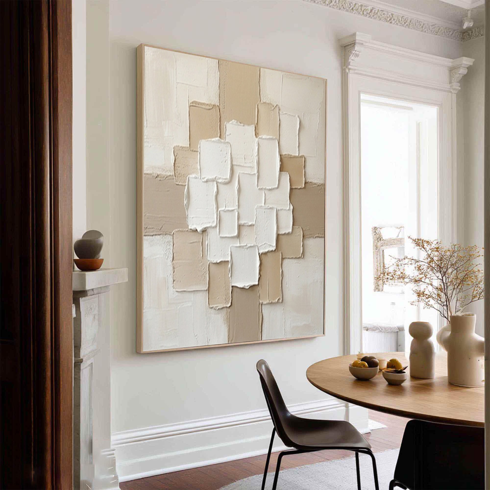 Large Luxury Neutral Textured Canvas Art Beige Geometric Wall Decor