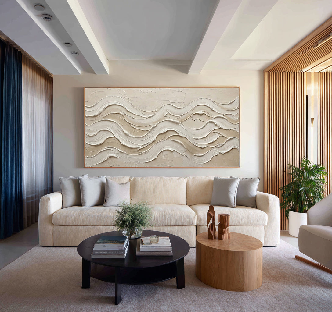 Modern Coastal Abstract Painting Textured Beige Wall Decor