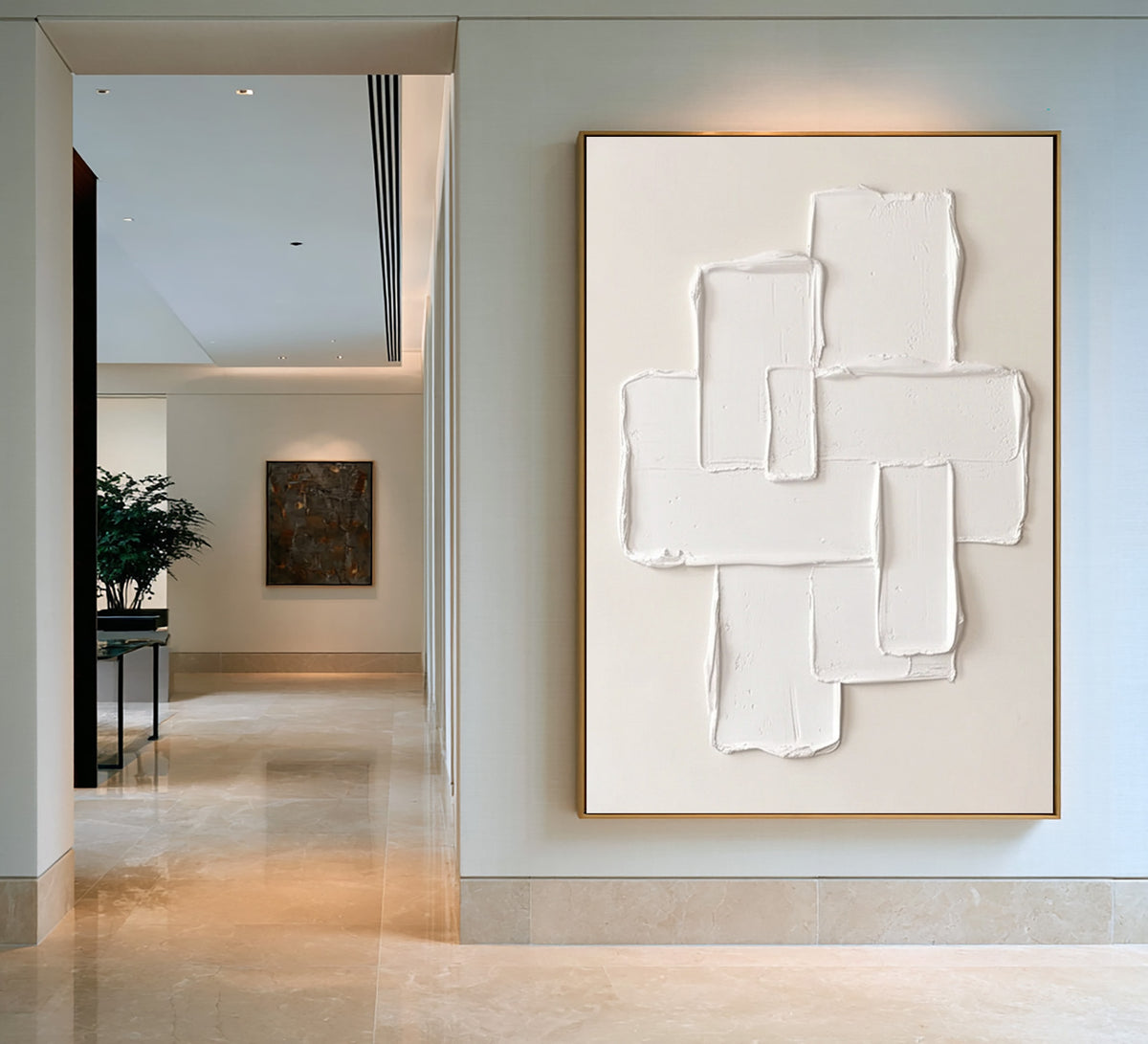 Large Neutral Abstract Spatial Forms Wall Art Ivory Cream Oil Painting Modern Sculptural Texture Raised Geometric Composition Minimalist Contemporary Luxury Interior Decor