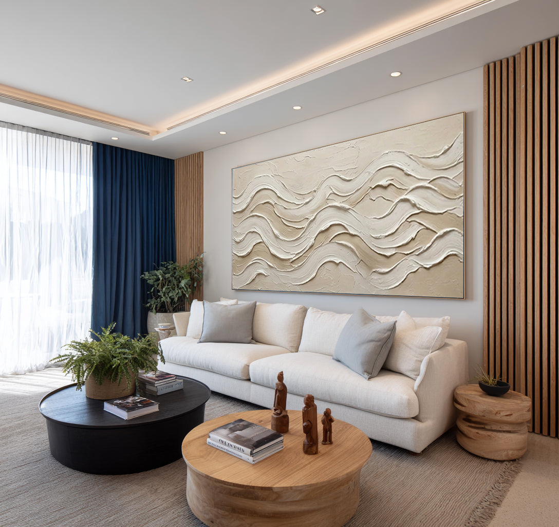 Modern Coastal Abstract Painting Textured Beige Wall Decor