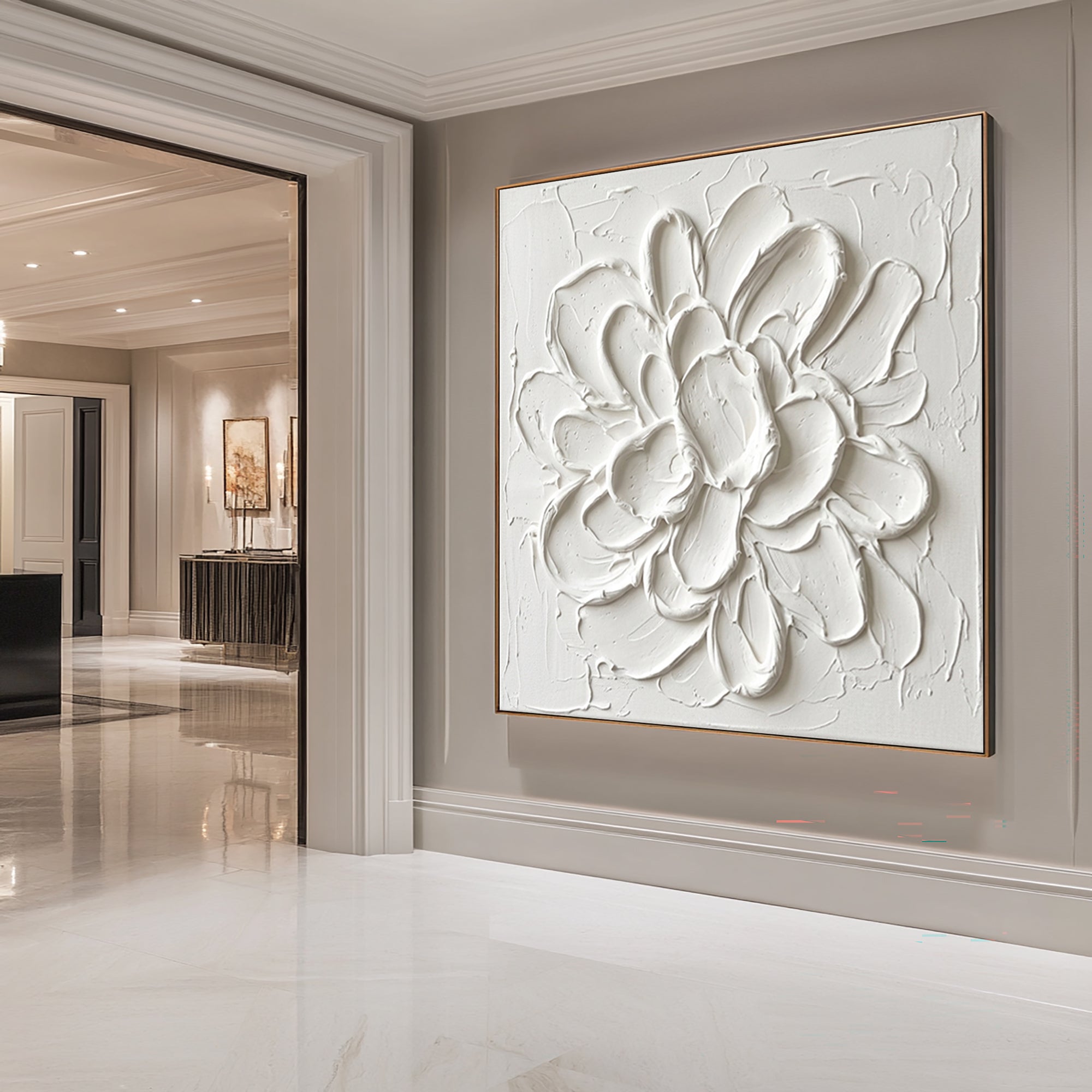 Large White Petal Textured Canvas Art Modern Floral Wall Decor