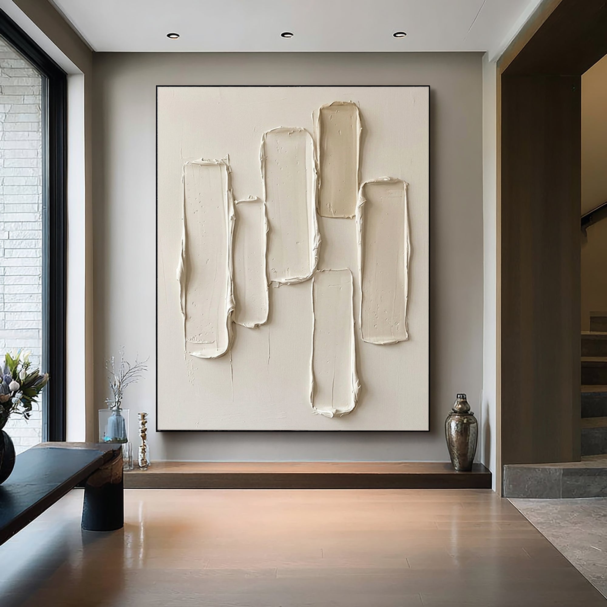 Large Hand-Painted Neutral Relief Wall Art for Luxury Home Decor