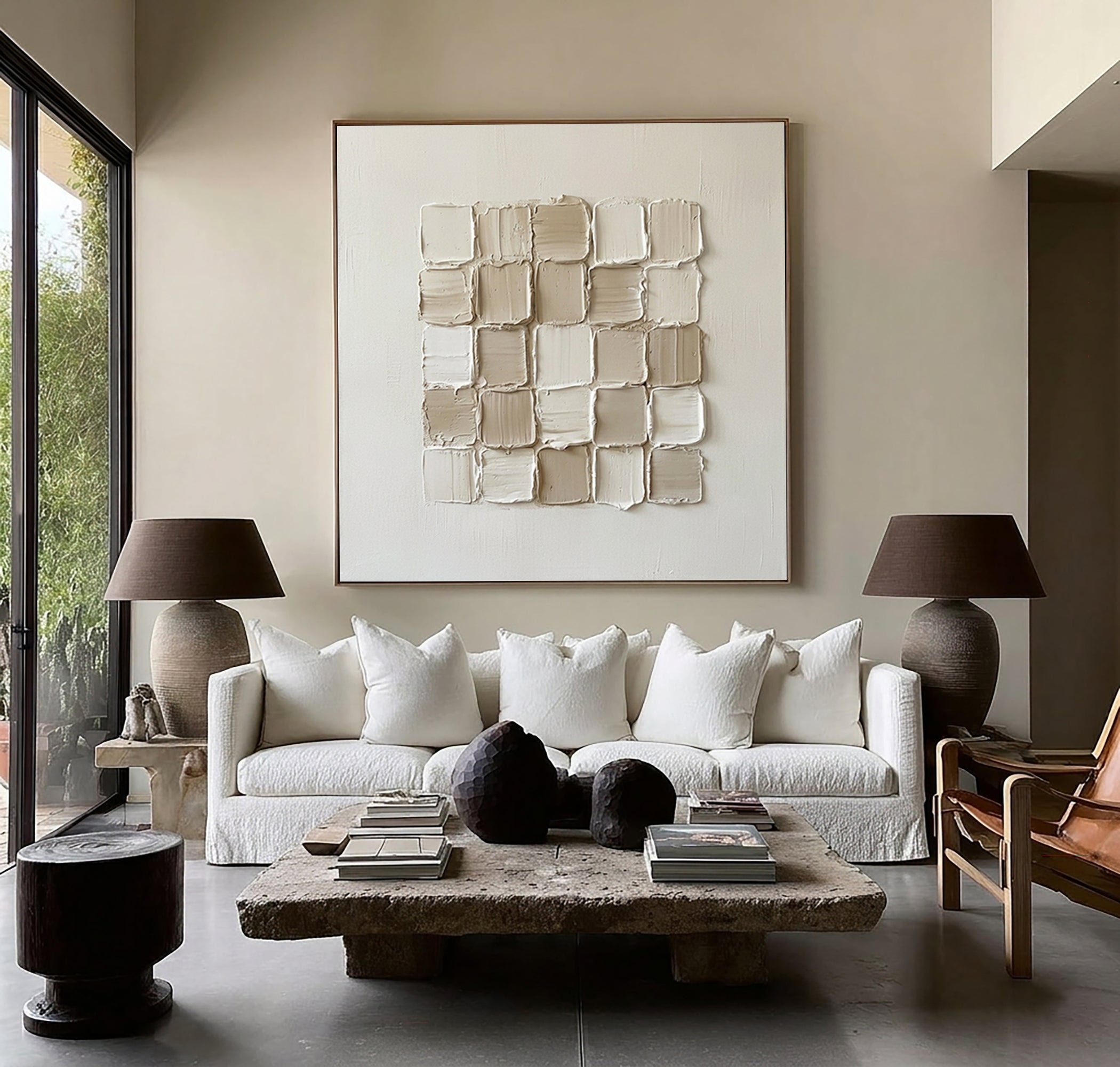 Large Modern Textured Squares Wall Art Neutral Hand Painted Canvas Painting