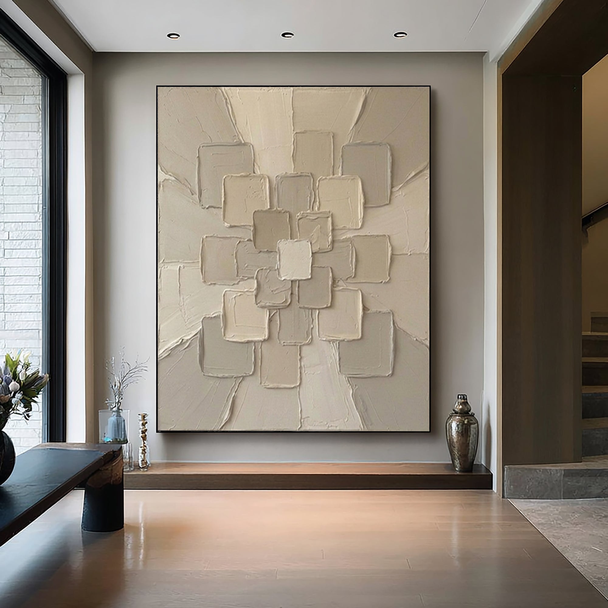 Large Modern Neutral Textured Canvas Art Geometric Wall Decor