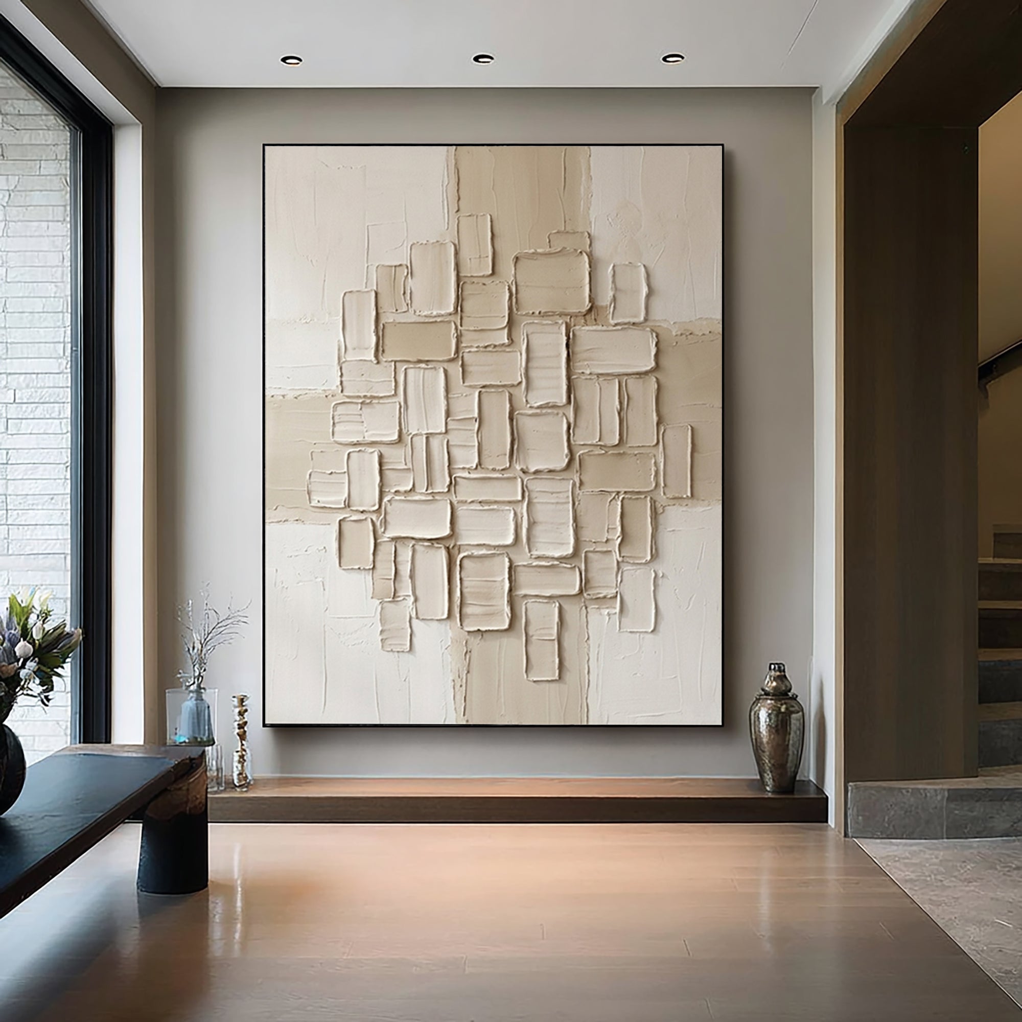 Large Neutral Oil Painting with Abstract Textured Block Composition