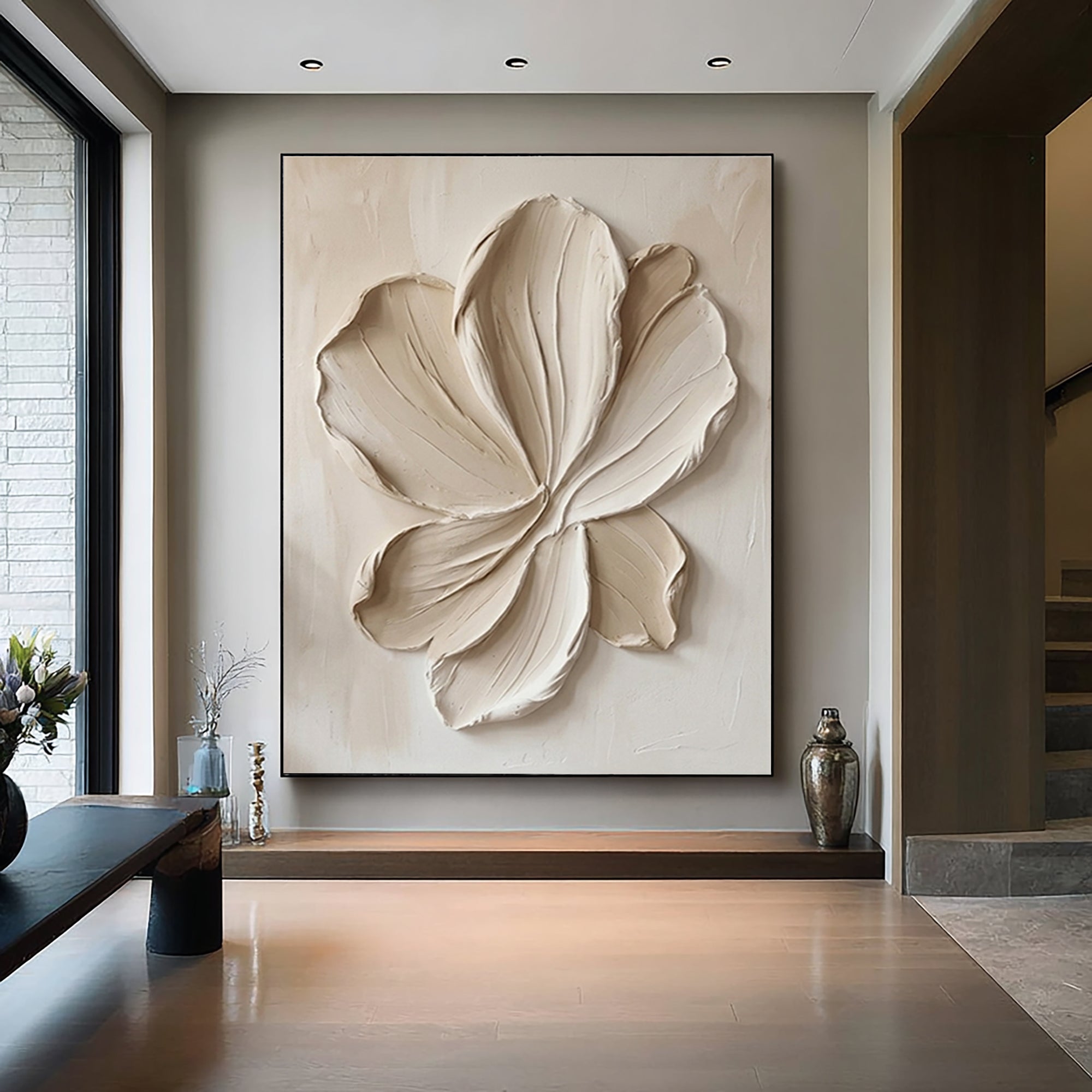 Large Sculptural Botanical Canvas Art White Textured Wall Decor