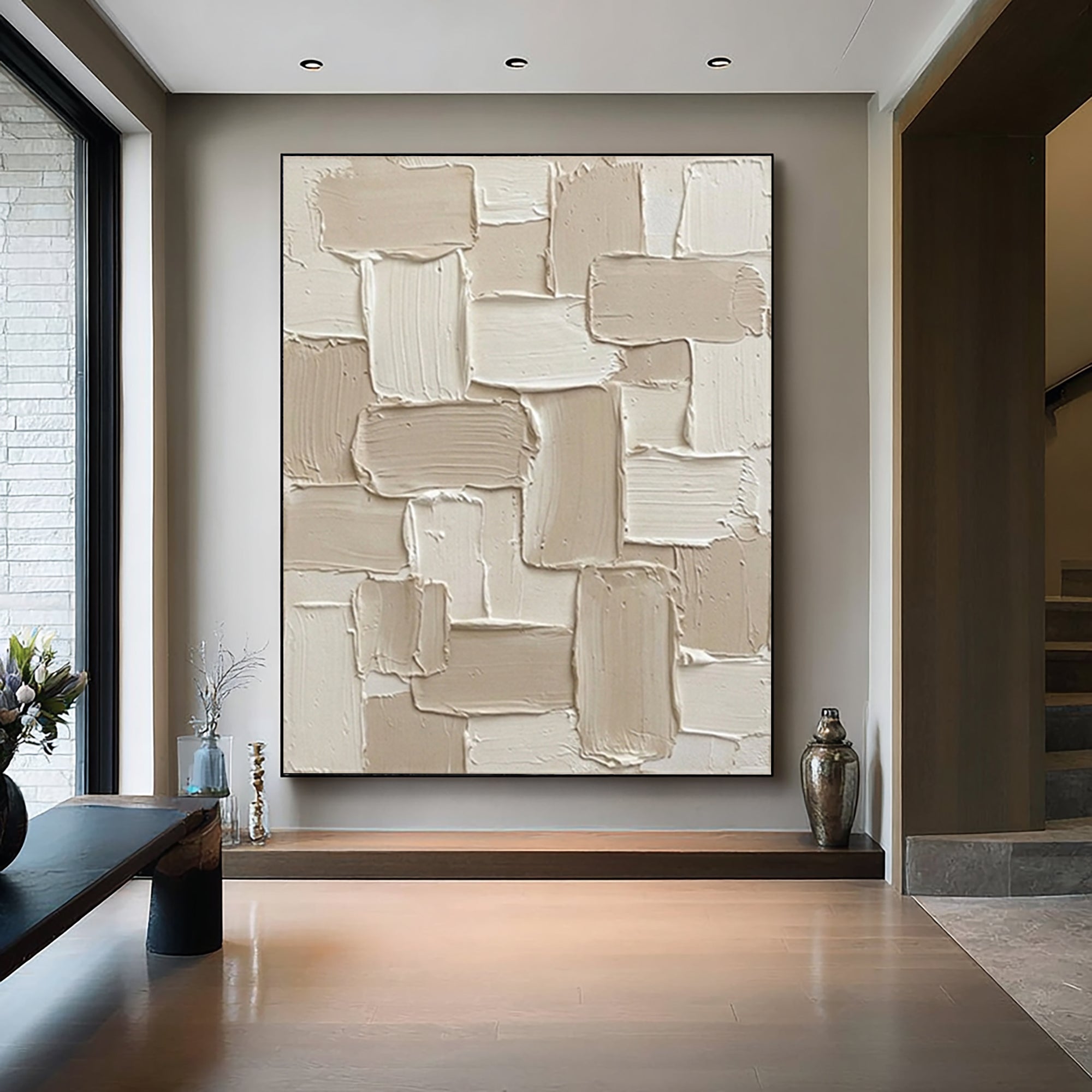 Large Neutral Textured Oil Painting for Luxury Modern Home Decor