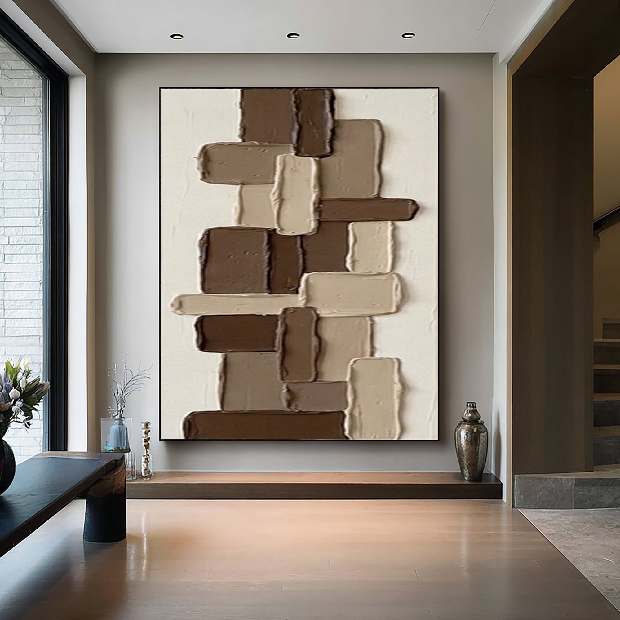 Large Contemporary Block Relief Art Brown Neutral Texture Painting