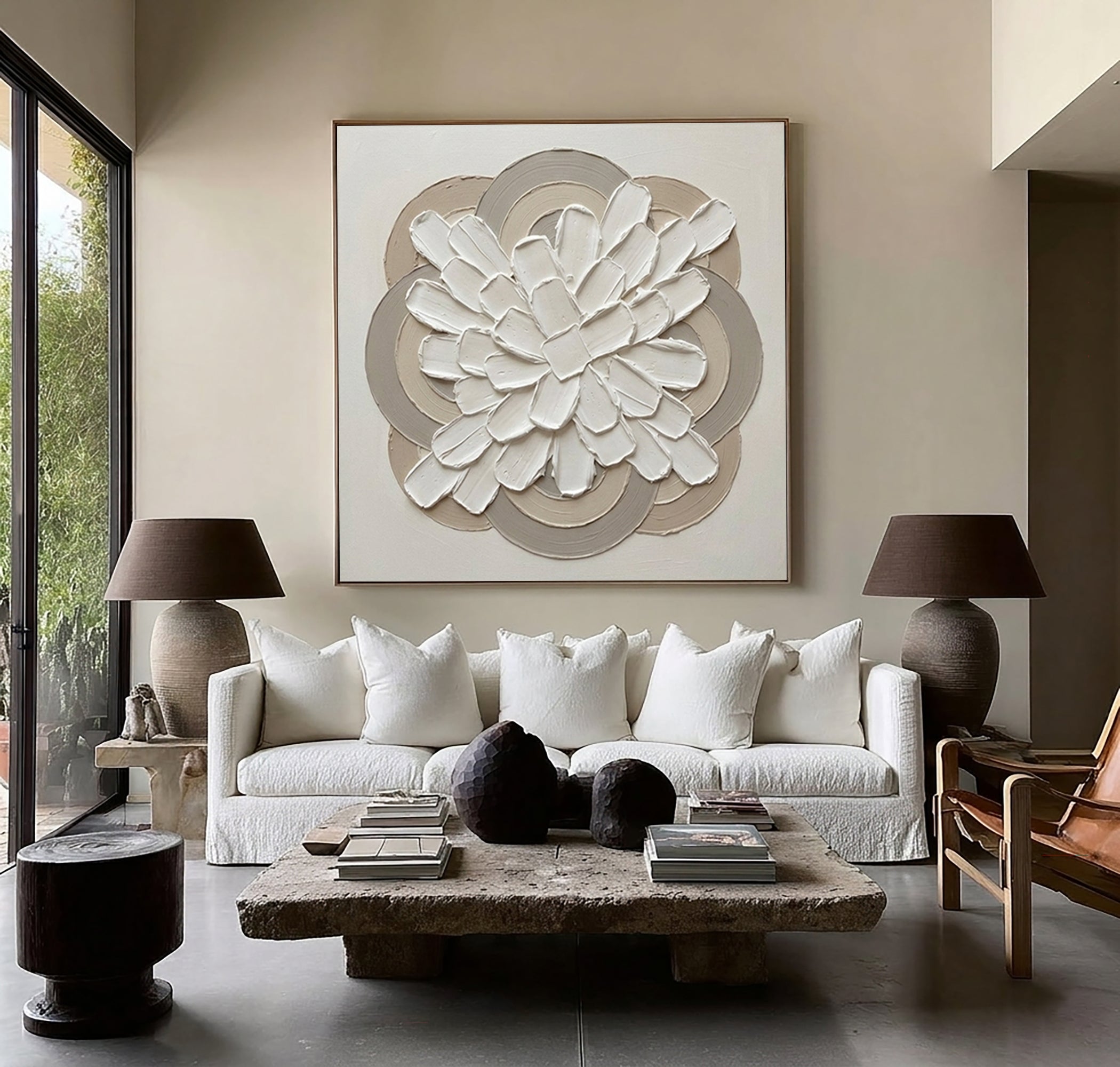 Large Gallery Bloom Circle Wall Art Luxury Neutral Floral Relief Painting