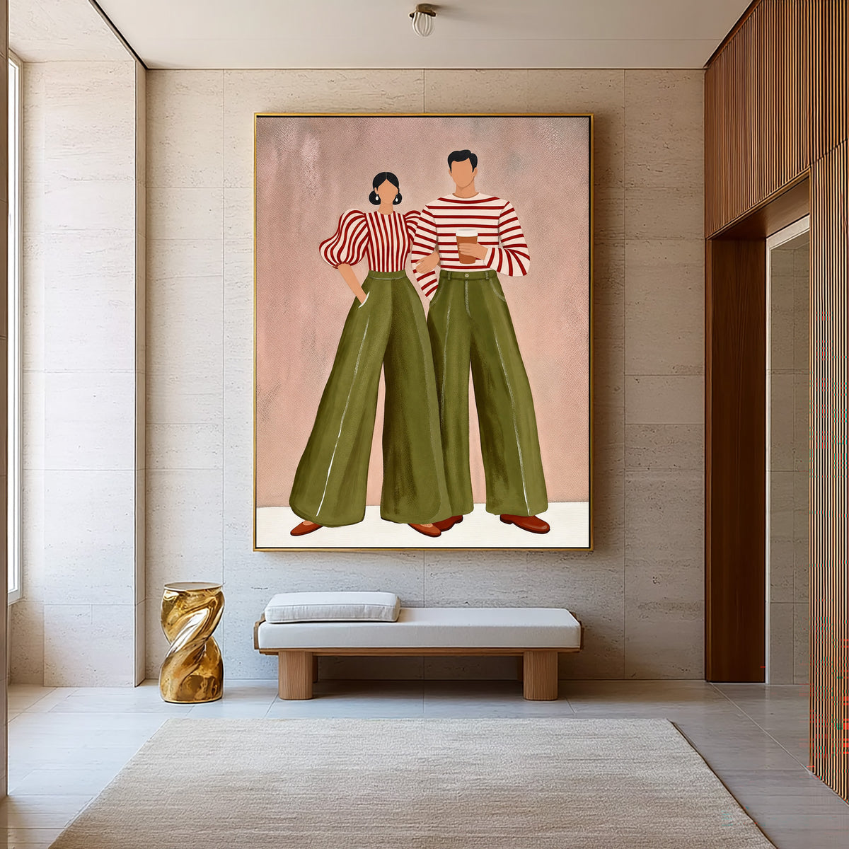 Stylish Couple Green Pants Contemporary Figurative Fashion Wall Art