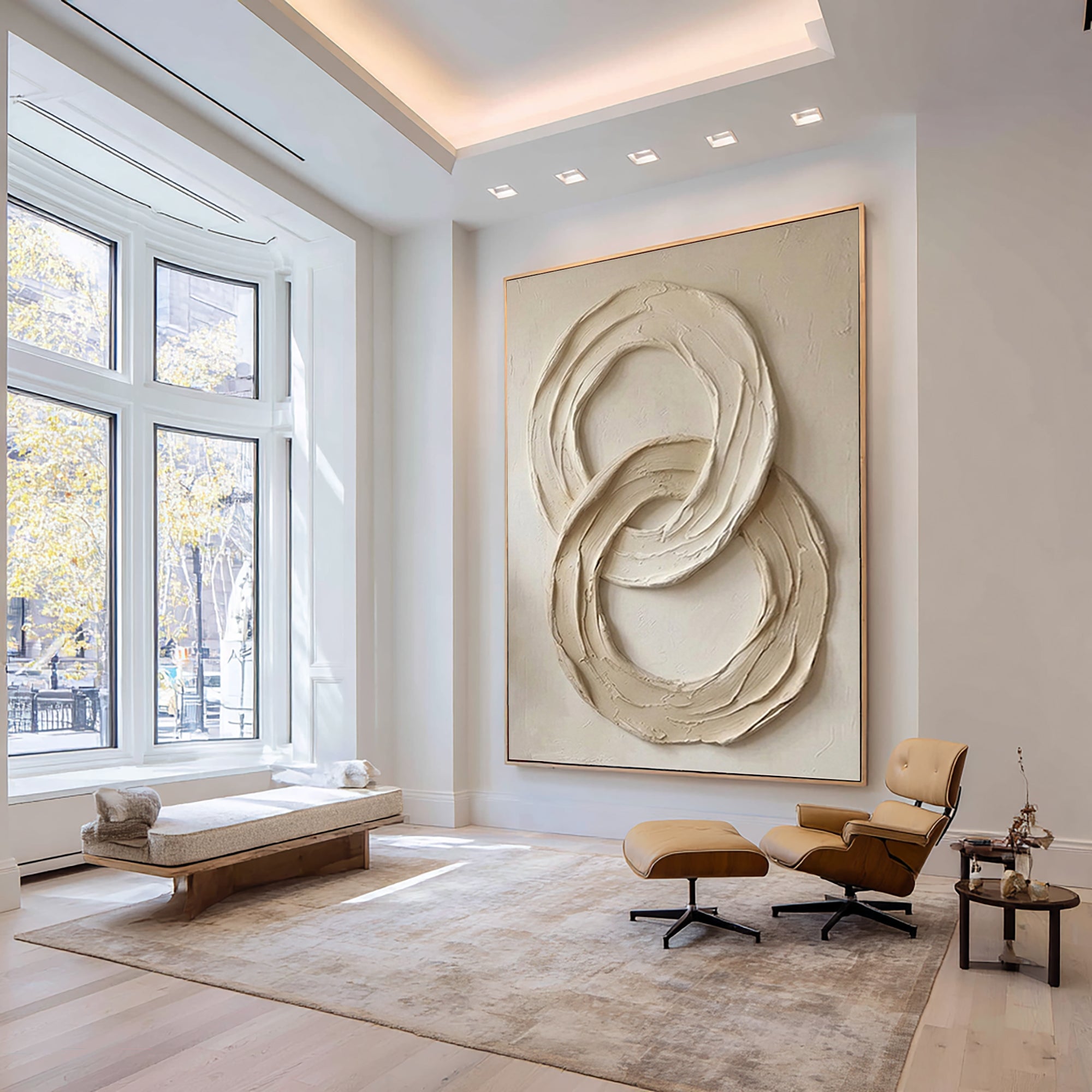 Large Neutral Relief Painting with Organic Circular Brush Texture