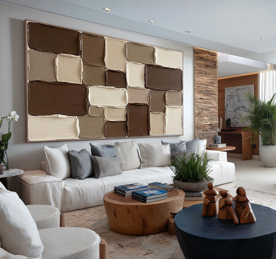 Large Modern Textured Wall Art Brown Beige Geometric Painting