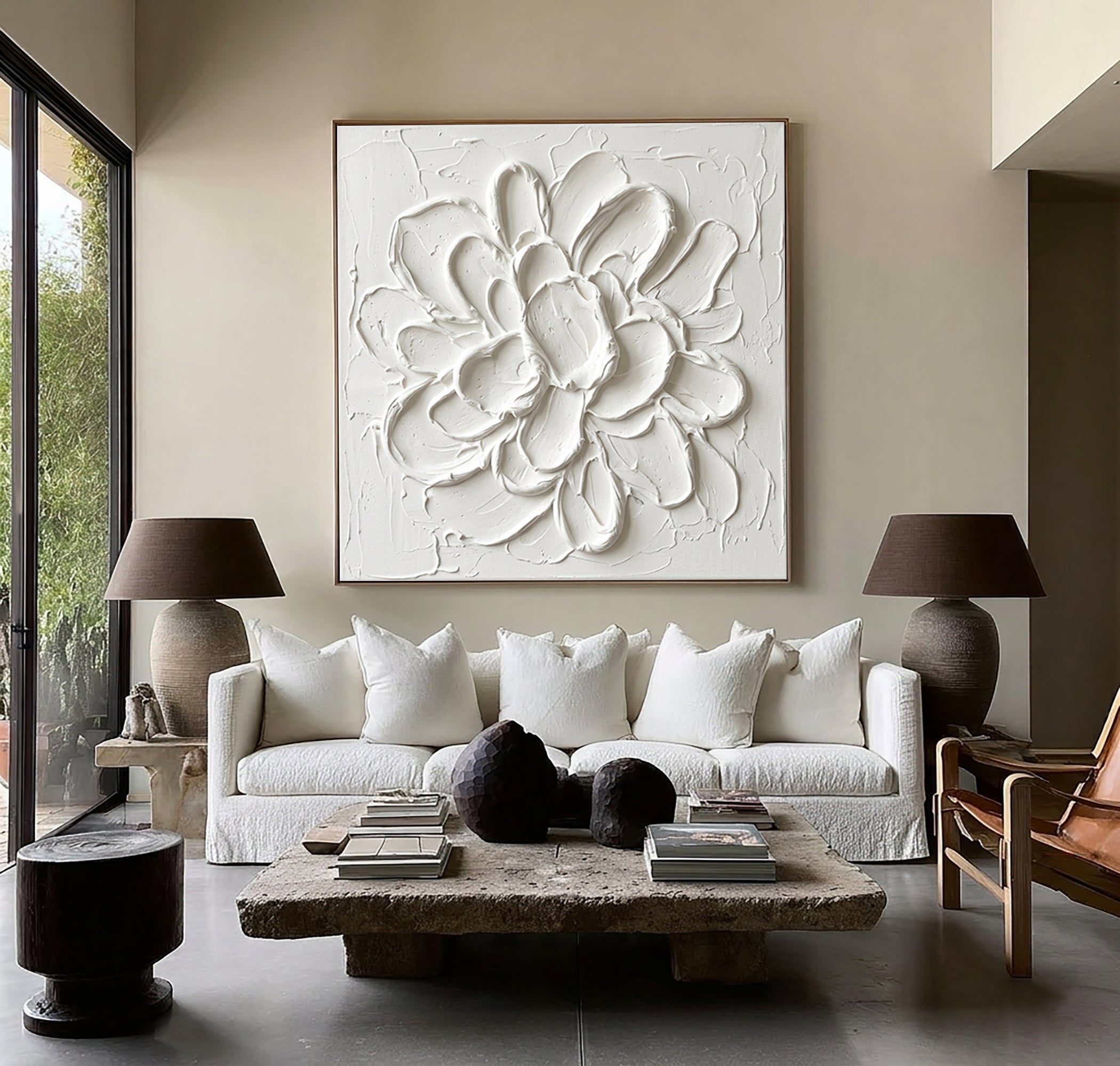 Large White Petal Textured Canvas Art Modern Floral Wall Decor