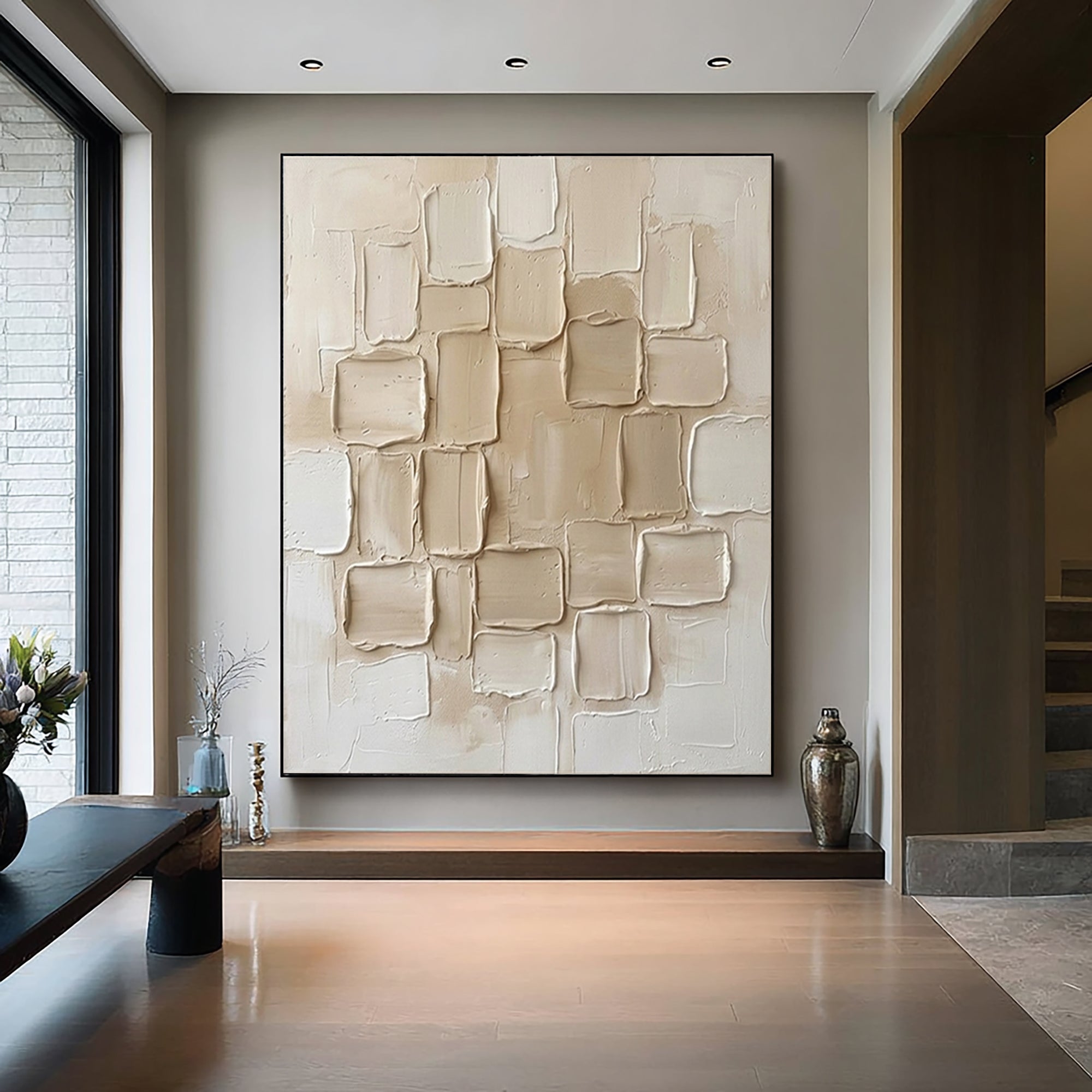 Large Ivory Collage Textured Canvas Art Luxury Neutral Wall Decor