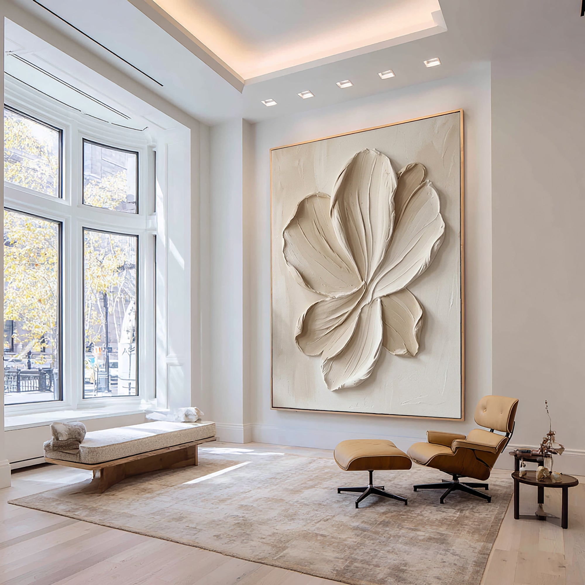 Large Sculptural Botanical Canvas Art White Textured Wall Decor