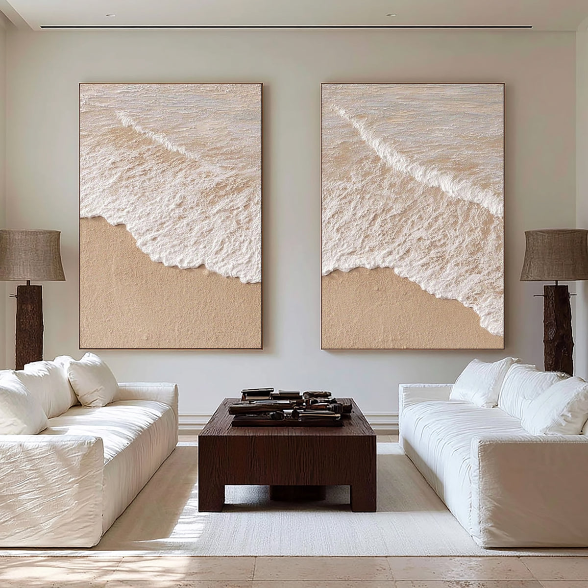 Large Textured Ocean Waves Diptych Wall Art Beige White Coastal Seascape 3D Oil Painting Minimalist Two Piece Canvas Modern Home Decor