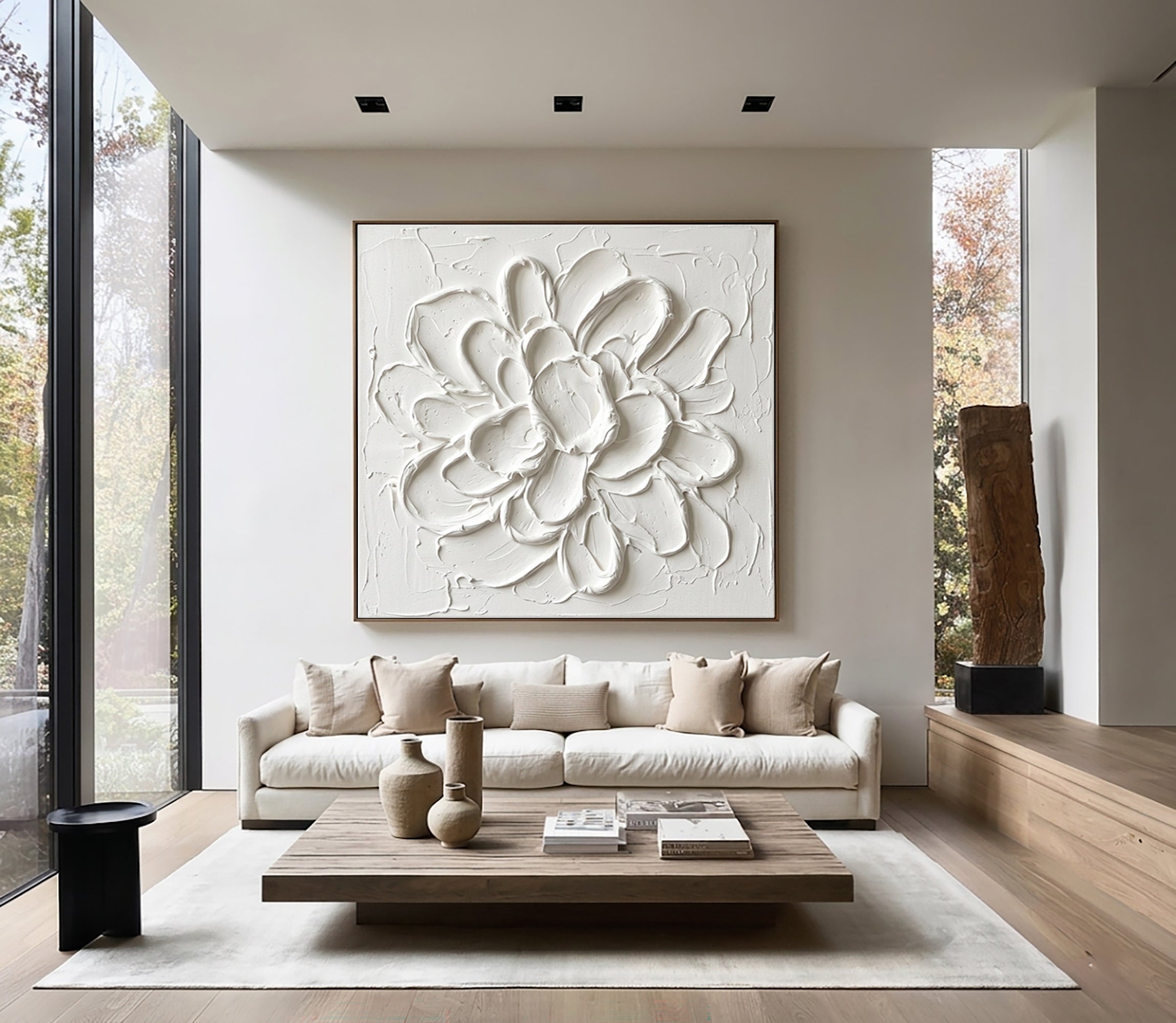 Large White Petal Textured Canvas Art Modern Floral Wall Decor