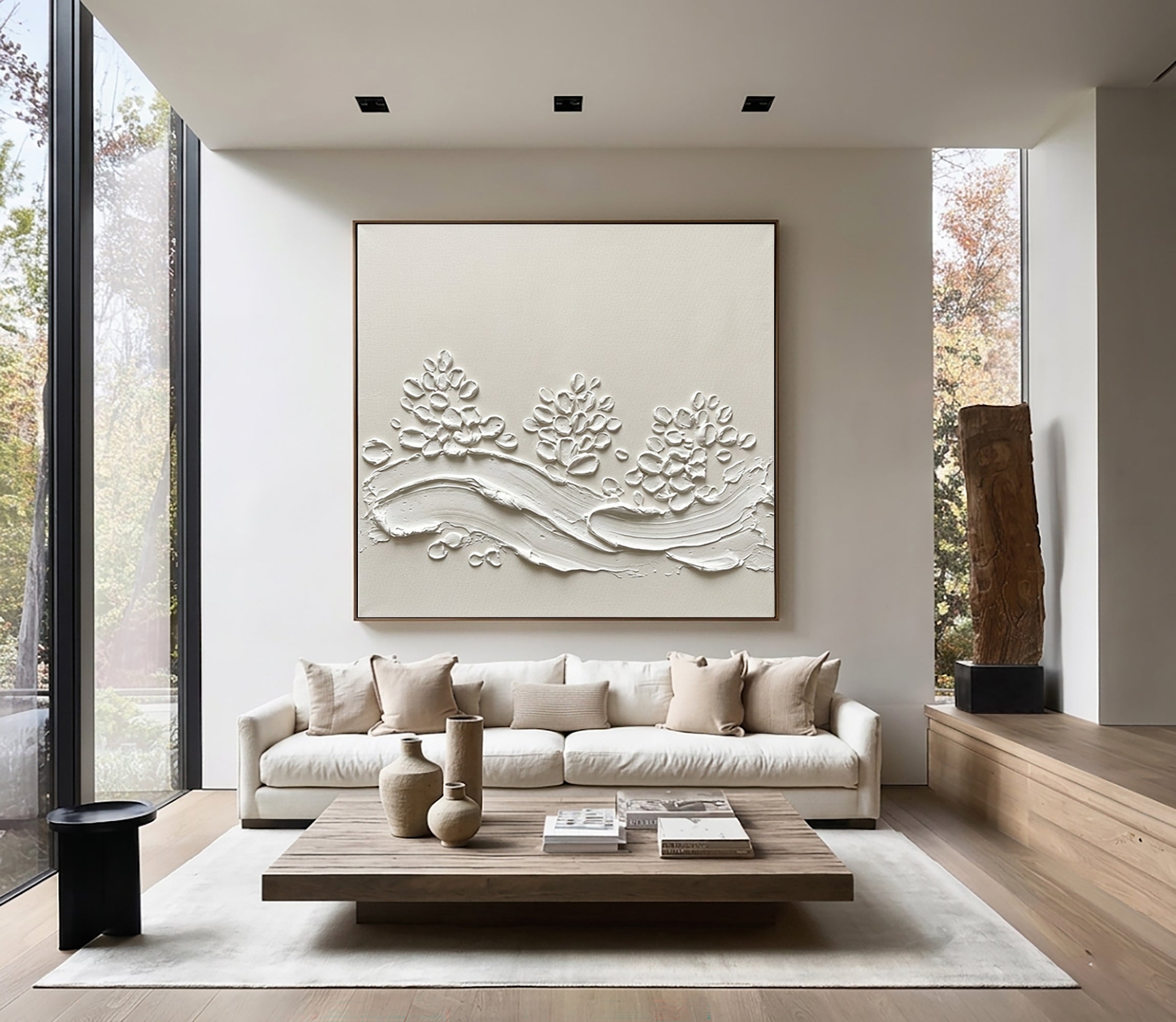 Luxury Floral Relief Wall Art Large Neutral Textured Canvas Painting