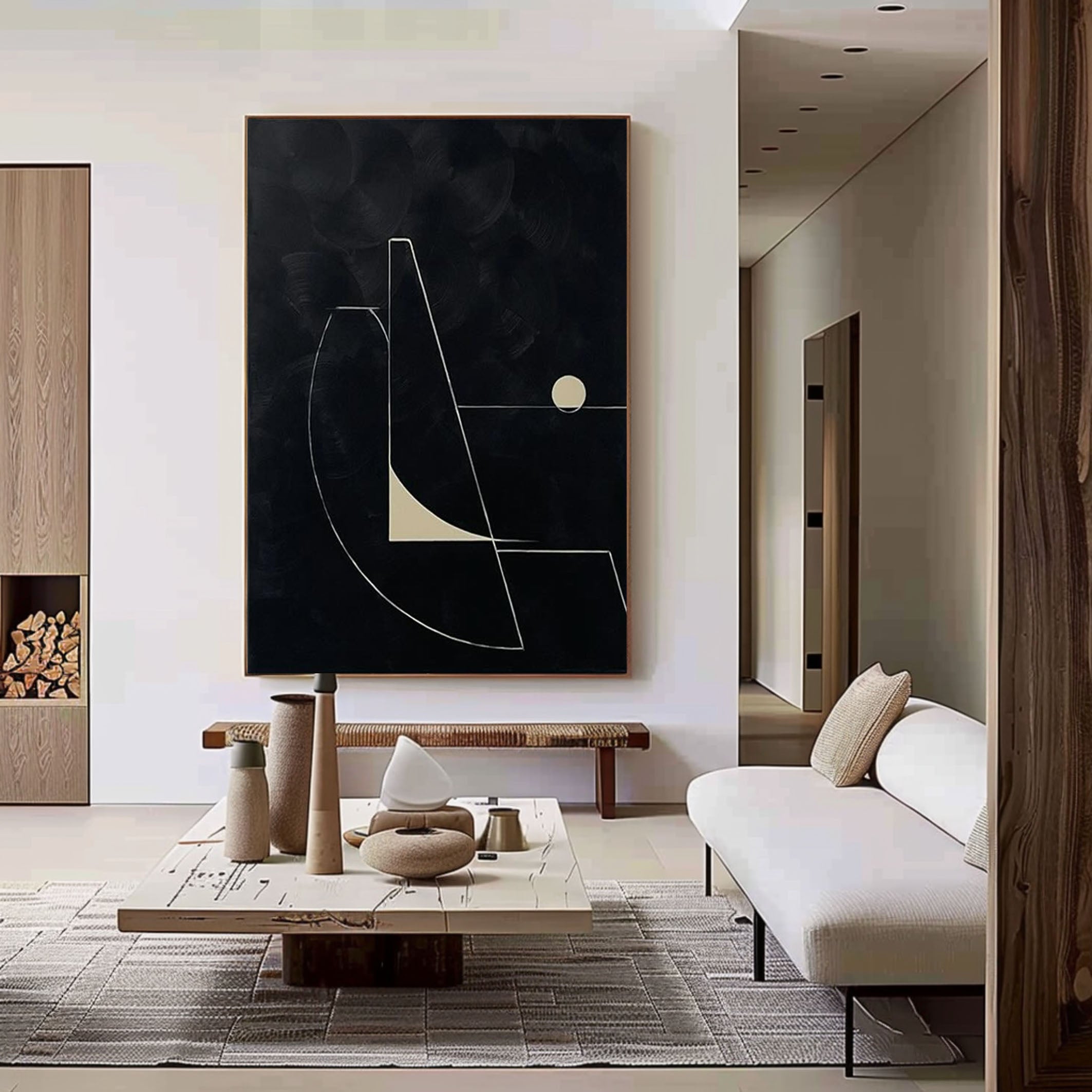 لوحة فنية قماشية هندسية بسيطة باللونين الأبيض والأسود للمنزل #MM056