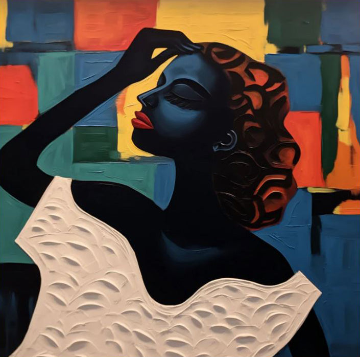 Geometric Poise: Stylized Figure Against Textured Color Shapes #MM537