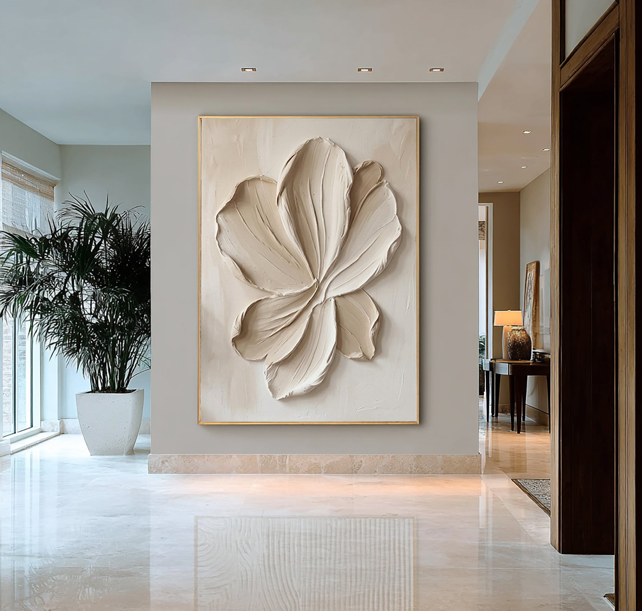 Large Sculptural Botanical Canvas Art White Textured Wall Decor
