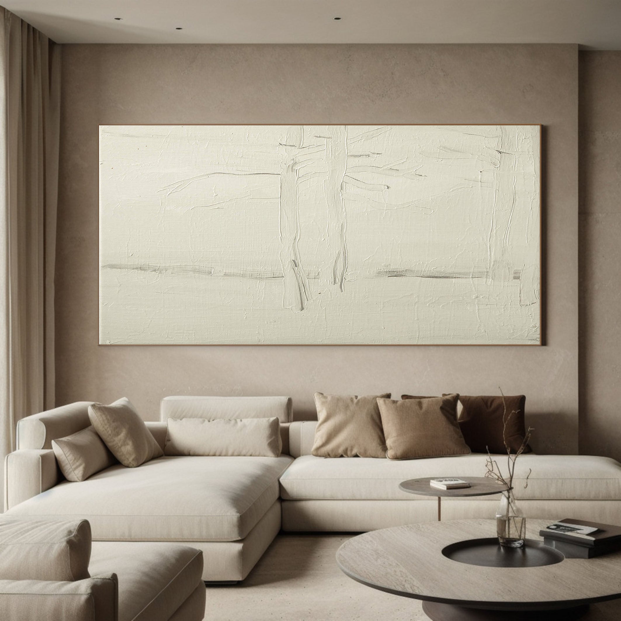 White Textured Minimalist with Linear Forms, Impasto Canvas #MM368