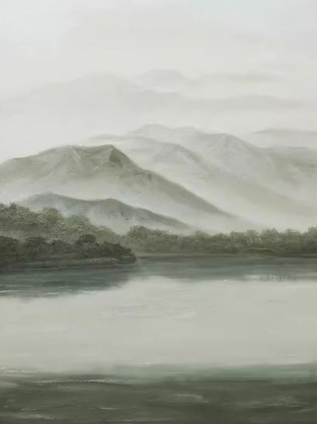 Whispers of Green: Tranquil Landscape with Mist, Peaceful Art #MM535