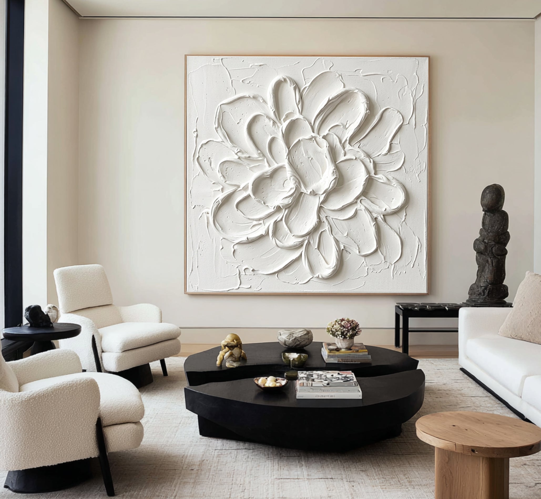 Large White Petal Textured Canvas Art Modern Floral Wall Decor