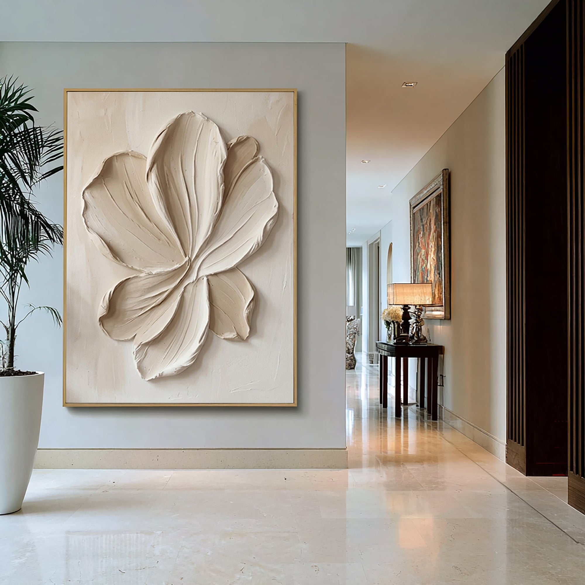 Large Sculptural Botanical Canvas Art White Textured Wall Decor