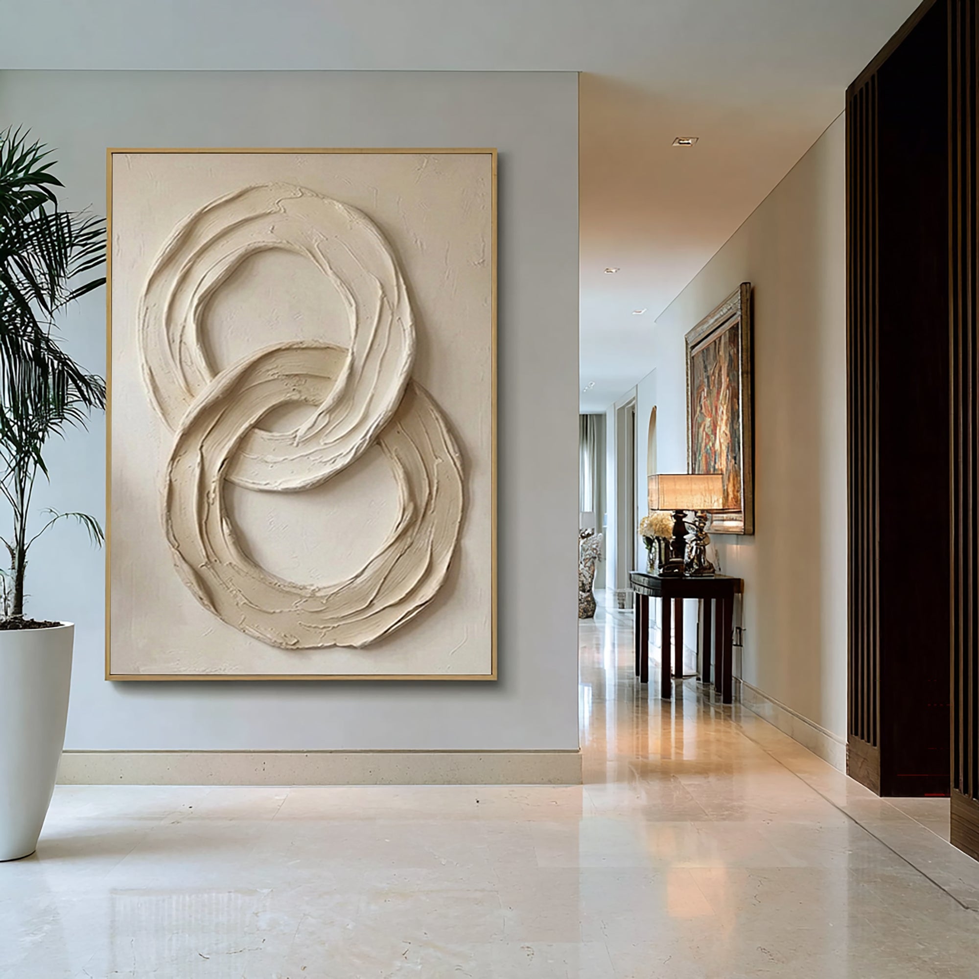 Large Neutral Relief Painting with Organic Circular Brush Texture