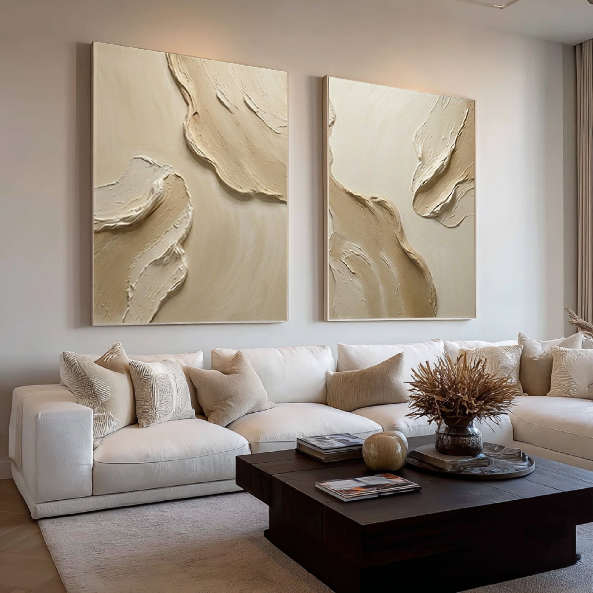 Large Textured Wall Art for Living Room Neutral Diptych Canvas Set