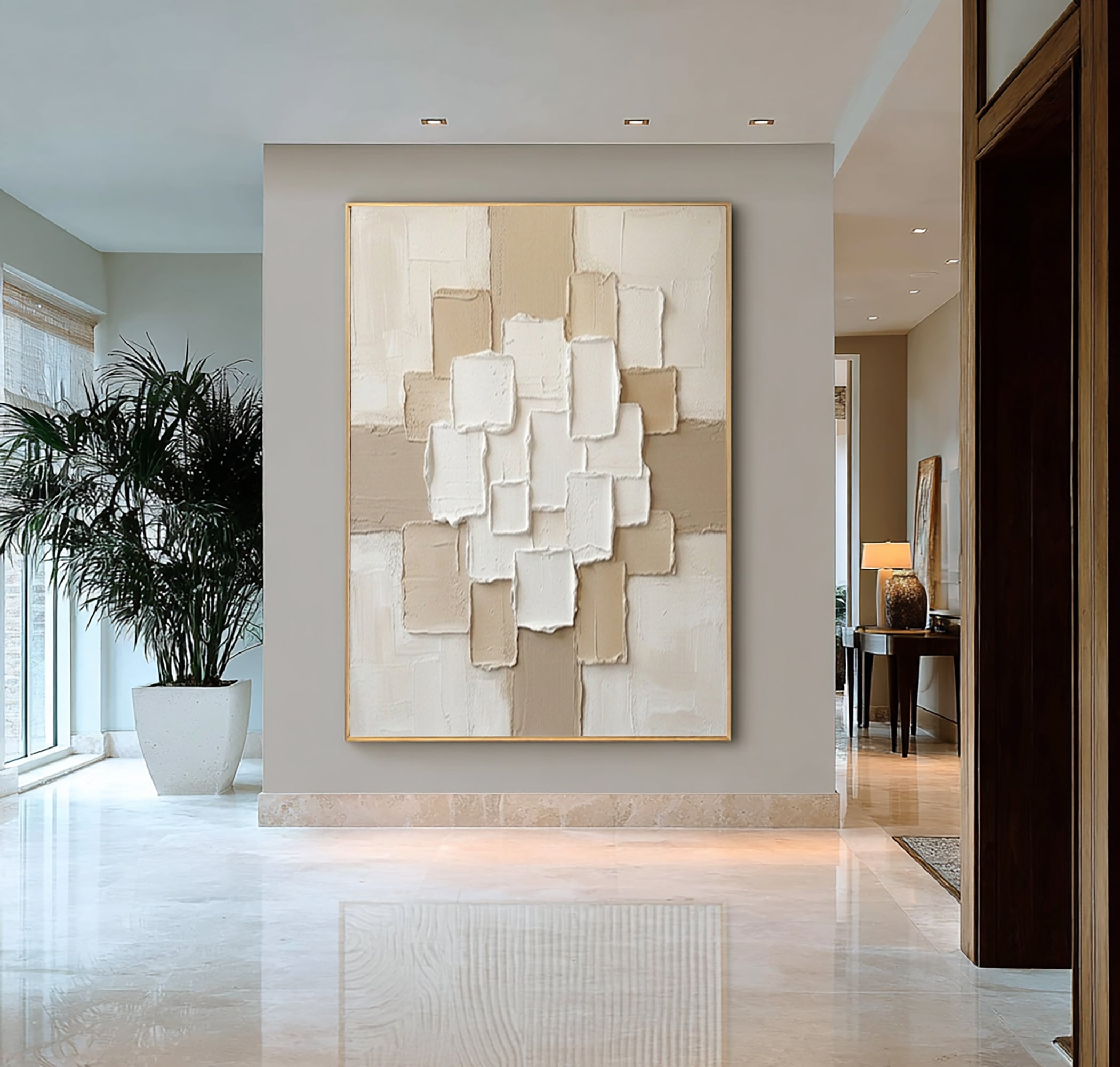 Large Luxury Neutral Textured Canvas Art Beige Geometric Wall Decor