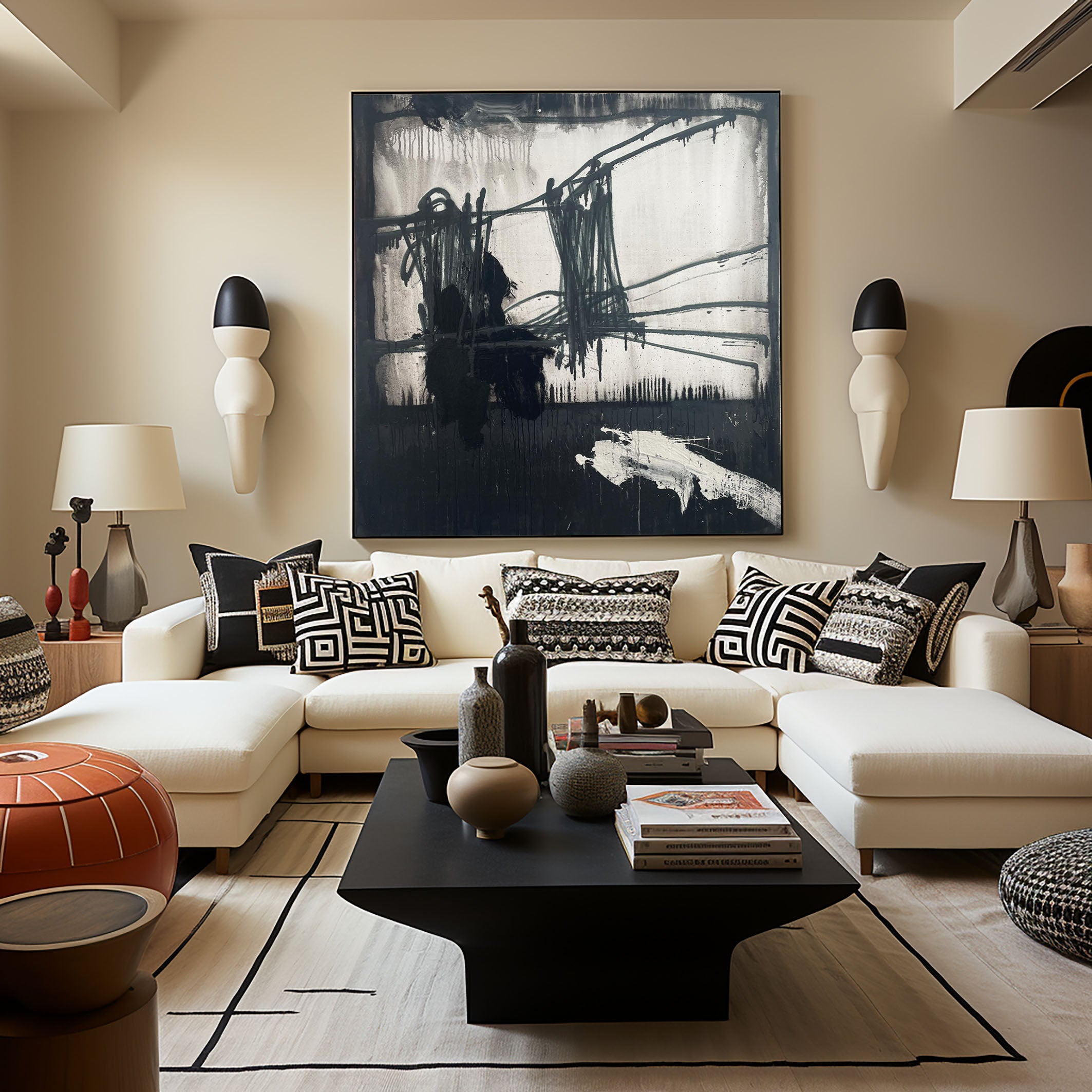 لوحة فنية تجريدية سوداء درامية وجريئة على قماش حديث #MM075