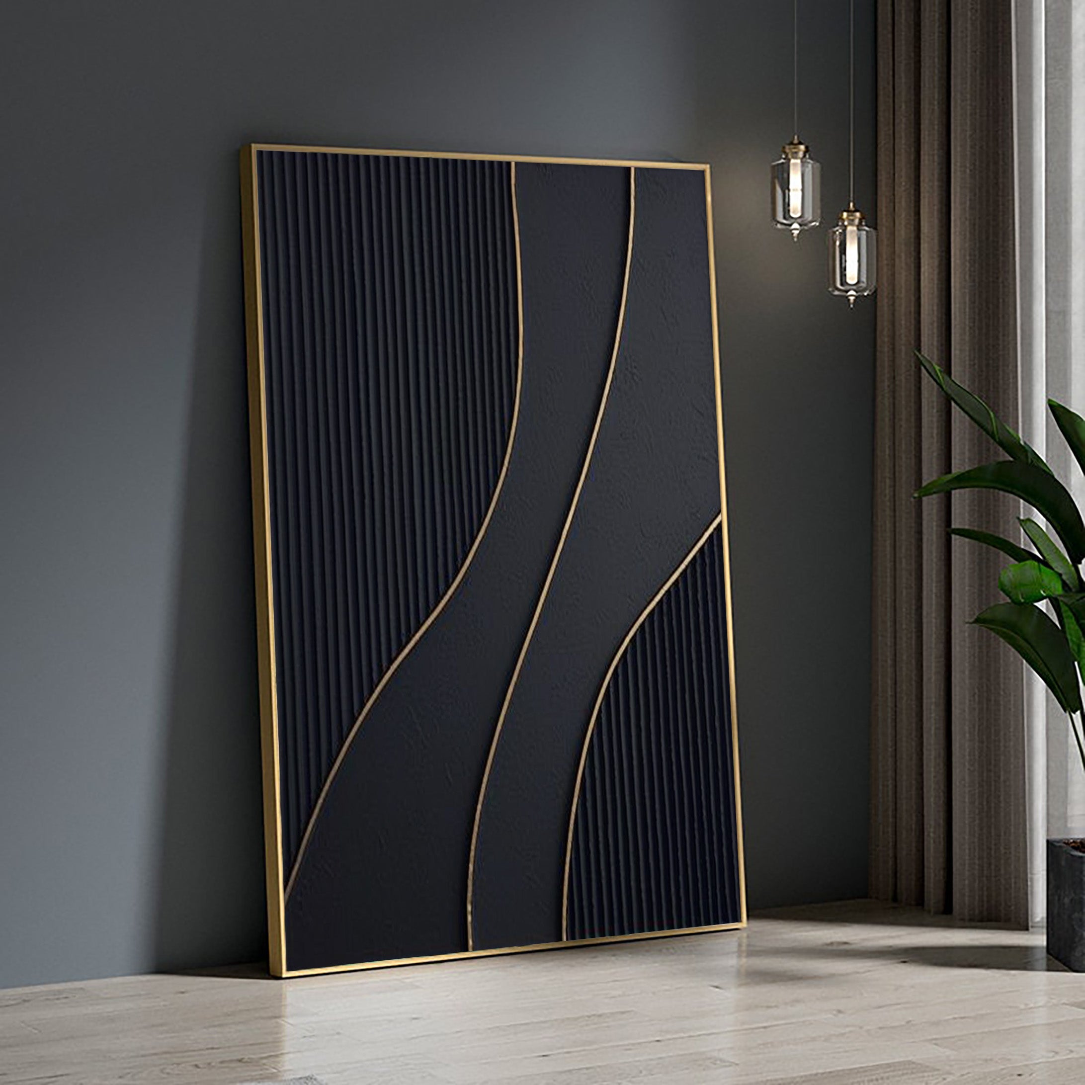 Modern Black and Gold Composition, Dynamic Line Wall Art #MM406