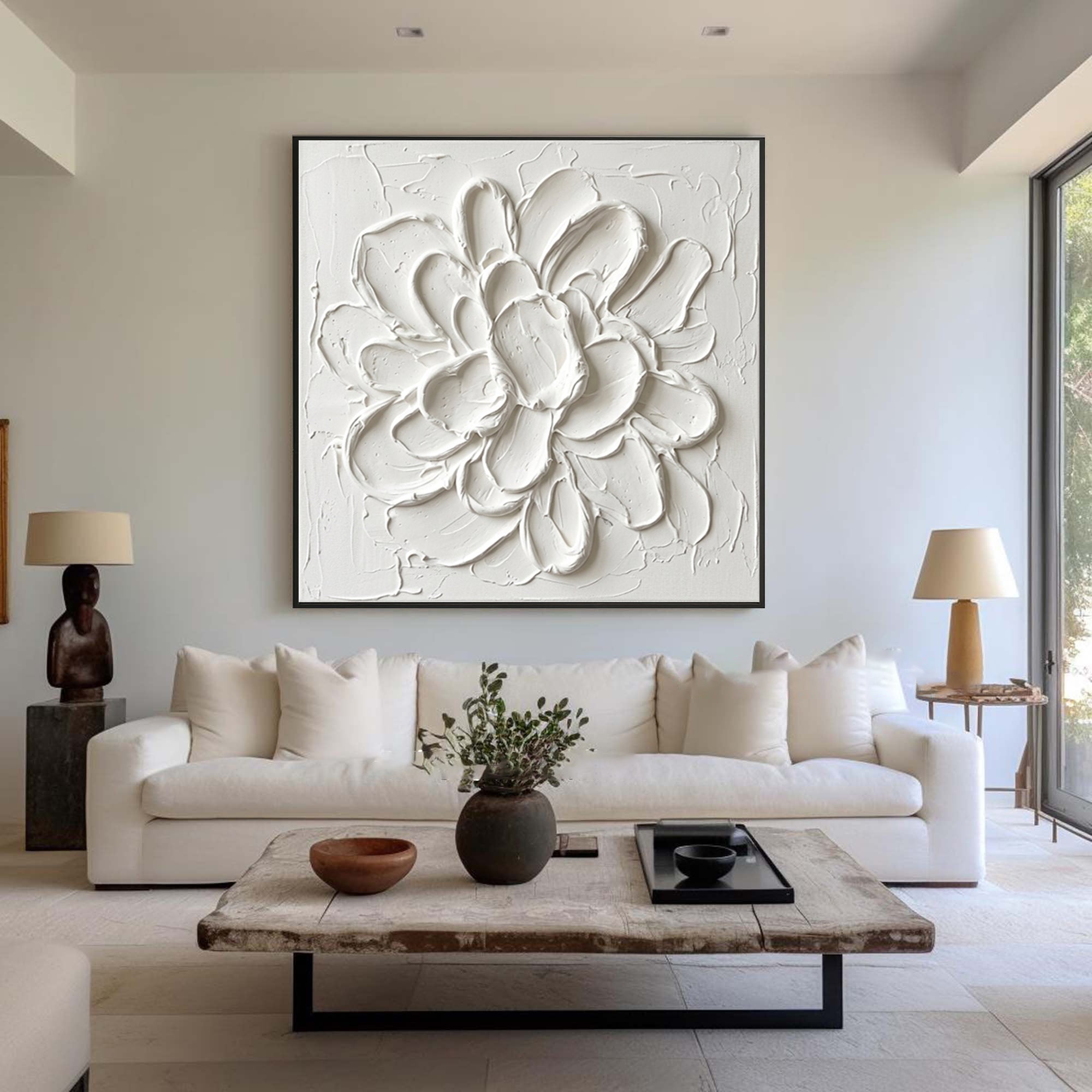 Large White Petal Textured Canvas Art Modern Floral Wall Decor