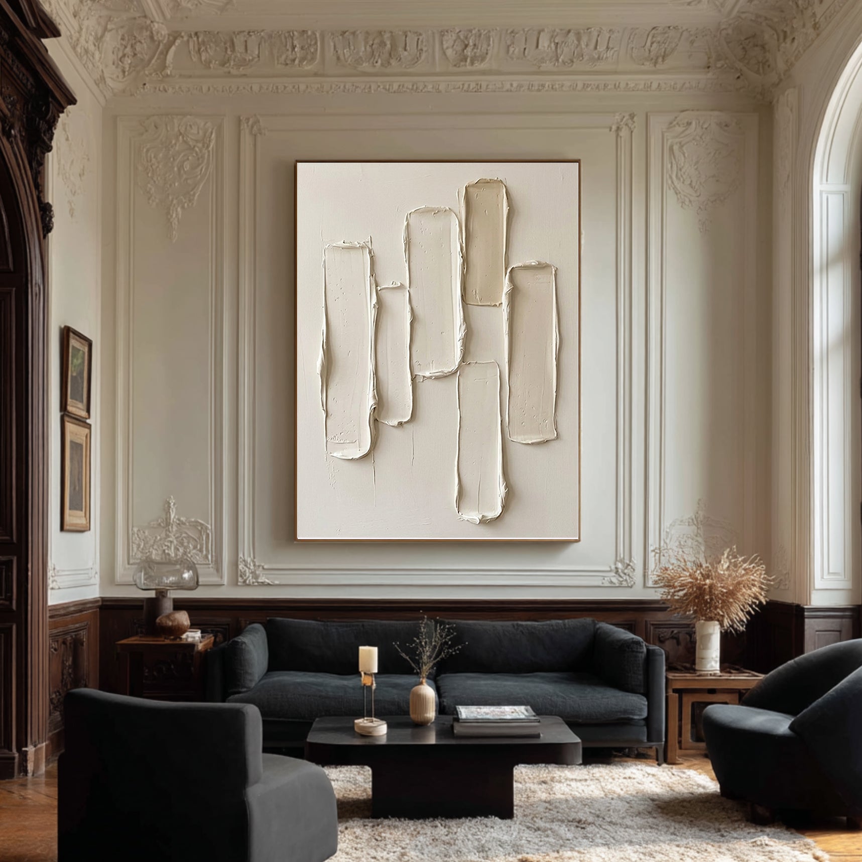Large Hand-Painted Neutral Relief Wall Art for Luxury Home Decor