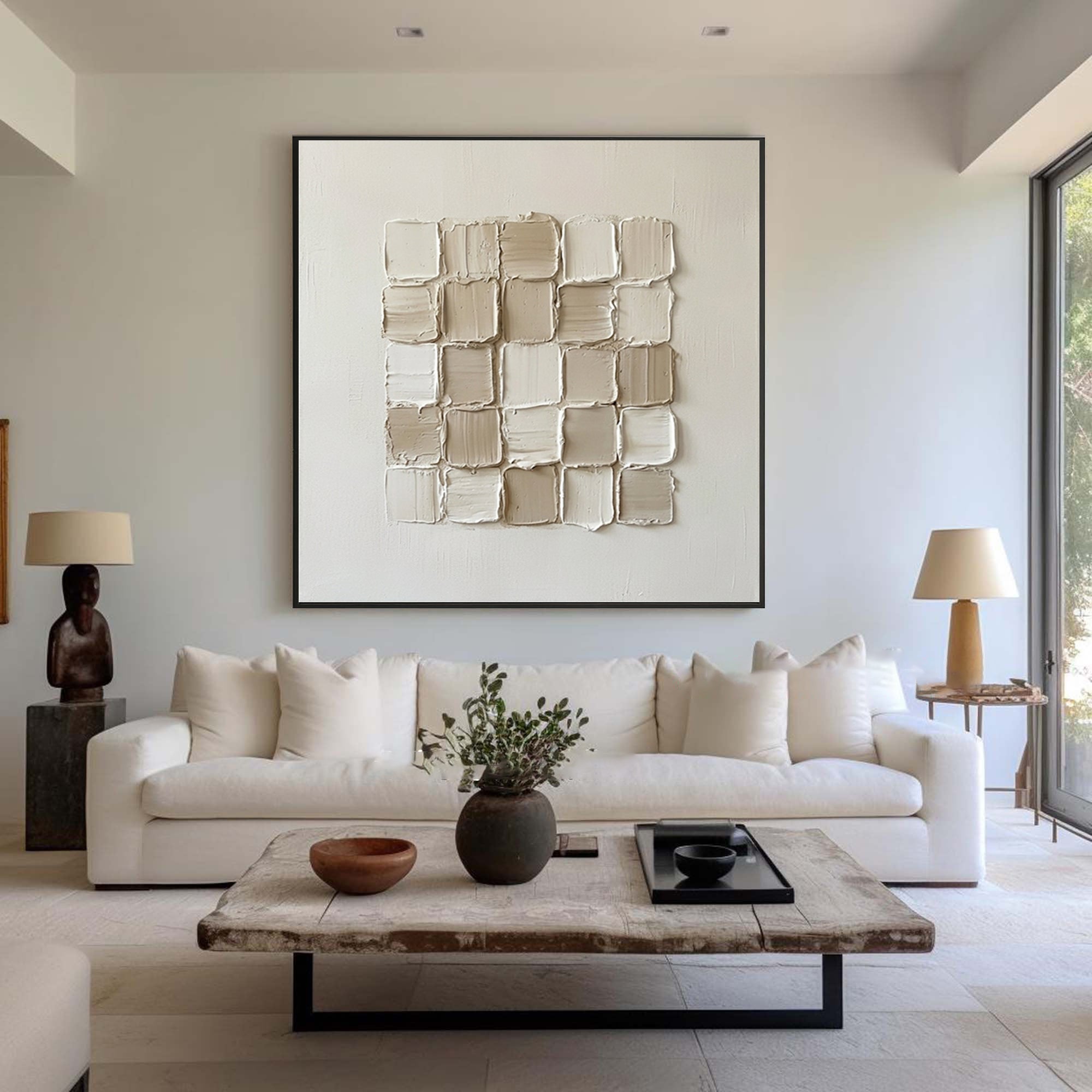 Large Modern Textured Squares Wall Art Neutral Hand Painted Canvas Painting
