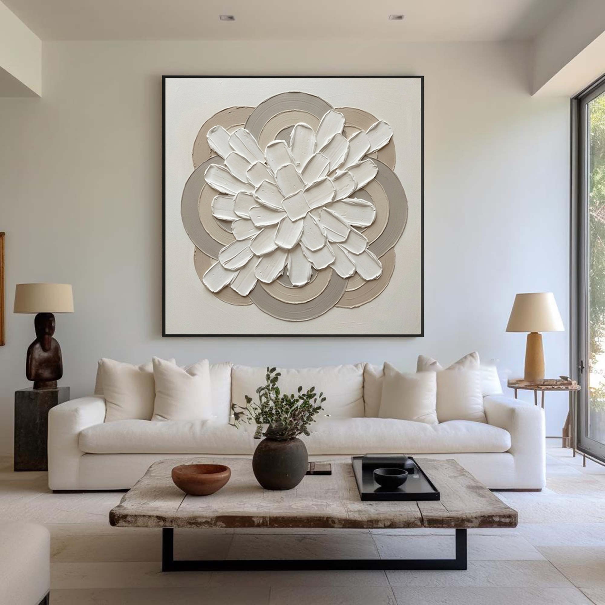 Large Gallery Bloom Circle Wall Art Luxury Neutral Floral Relief Painting