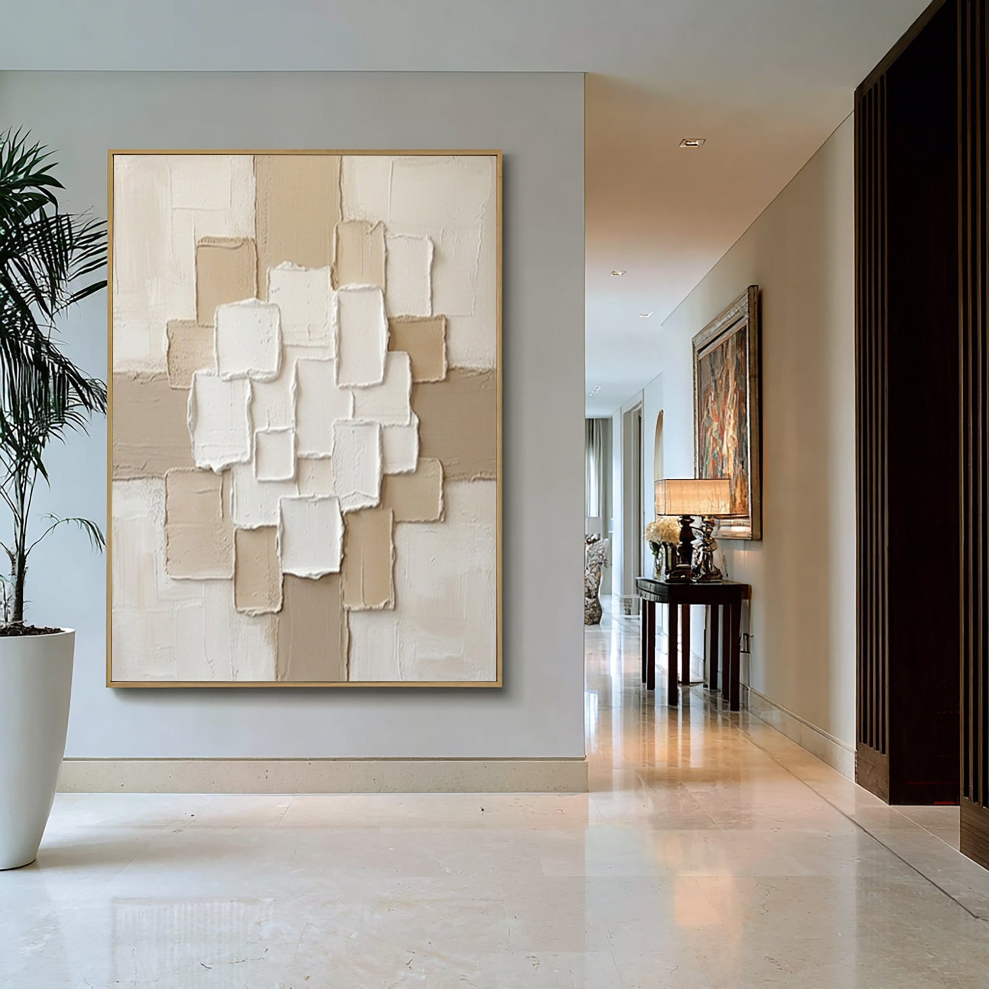 Large Luxury Neutral Textured Canvas Art Beige Geometric Wall Decor