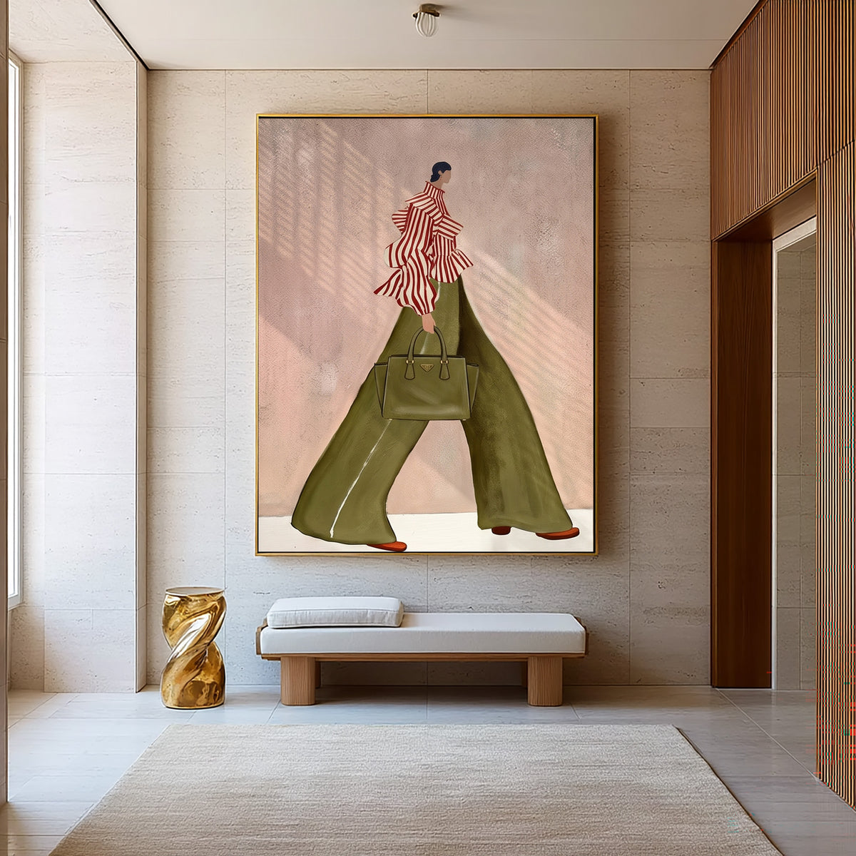 Fashion Woman Wall Art Green Pants Striped Top Hand Painted Art